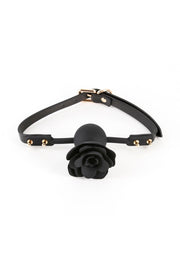 Gag rose noire avec sangle réglable. Accessoire de bondage élégant et sensuel.; Zwarte rozenbalgag met verstelbare riem. Stijlvol en sensueel bondage accessoire.; Black rose ball gag with adjustable strap. Stylish and sensual bondage accessory.