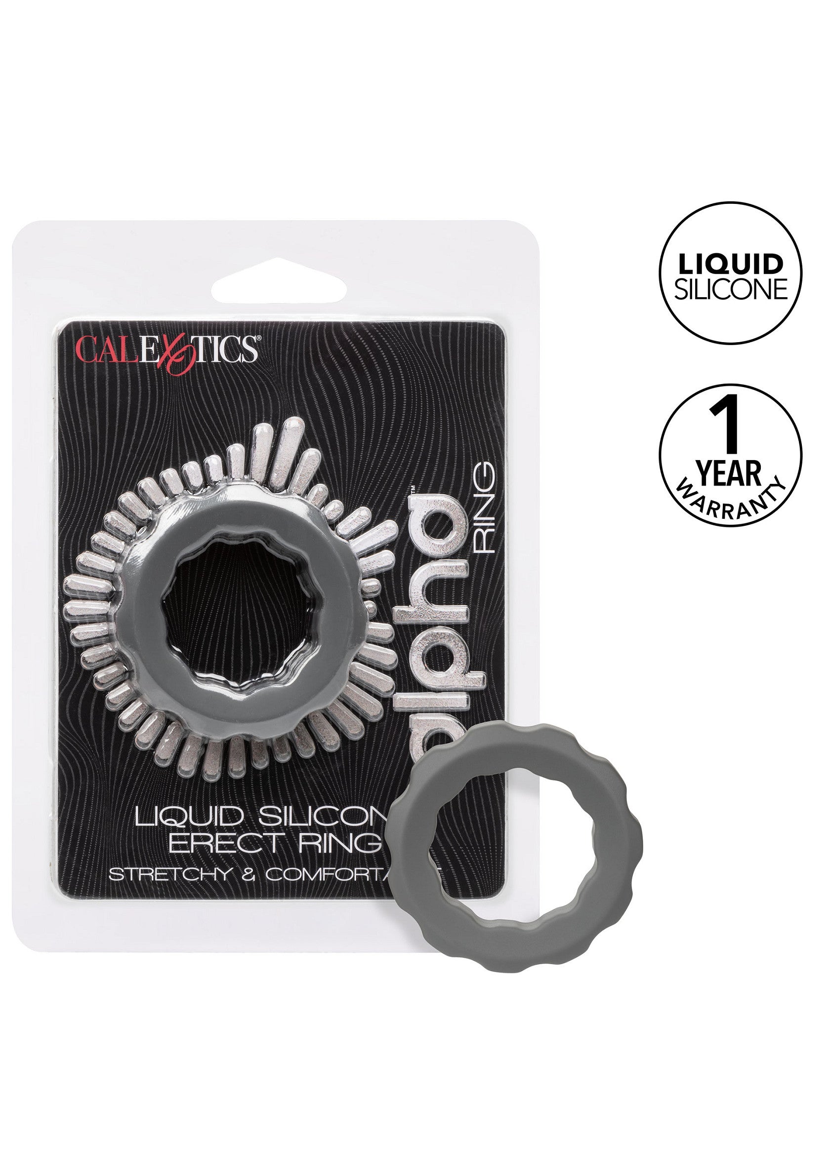 Anneau pénien CalExotics Alpha en silicone liquide pour un confort extensible et sûr. Garantie 1 an.; CalExotics Alpha penisring van vloeibare siliconen voor rekbaar en veilig comfort. 1 jaar garantie.; CalExotics Alpha liquid silicone cock ring for stretchy, secure comfort. 1 year warranty.