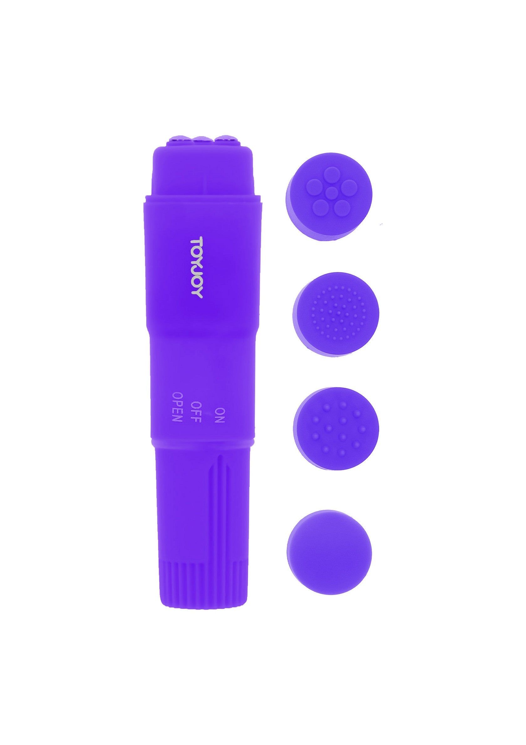 ToyJoy masseur violet avec embouts interchangeables pour une expérience personnalisée.; ToyJoy paarse massager met verwisselbare opzetstukken voor een persoonlijke ervaring.; ToyJoy purple massager with interchangeable attachments for a personalized experience.