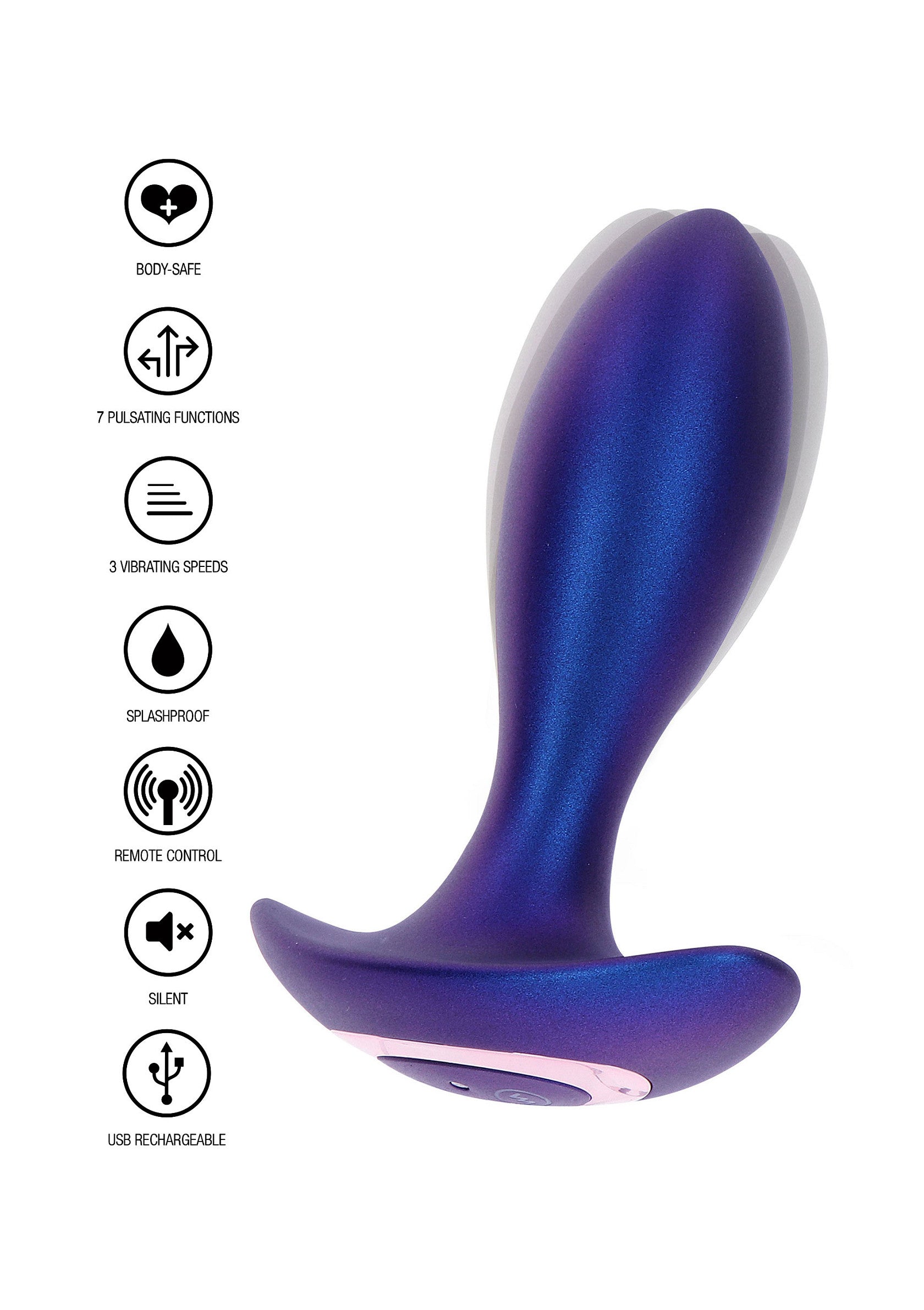 Plug anal vibrant en silicone bleu, rechargeable USB et télécommandé. 7 modes de vibration.; Blauwe siliconen vibrerende anaalplug, USB oplaadbaar en op afstand bestuurbaar. 7 vibratiemodi.; Blue silicone vibrating butt plug, USB rechargeable & remote controlled. Features 7 vibration patterns.