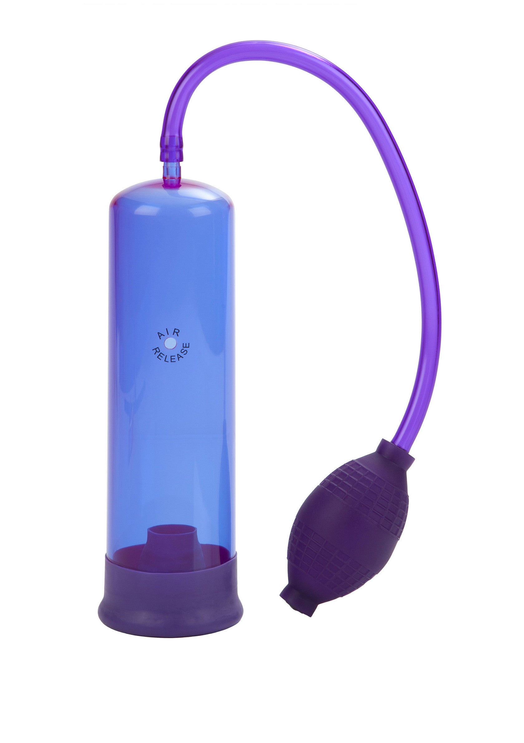 Pompe pénienne manuelle bleue et violette pour le plaisir et l'épanouissement.; Blauwe en paarse handmatige penispomp voor plezier en verbetering.; Blue and purple manual penis pump for pleasure and enhancement.