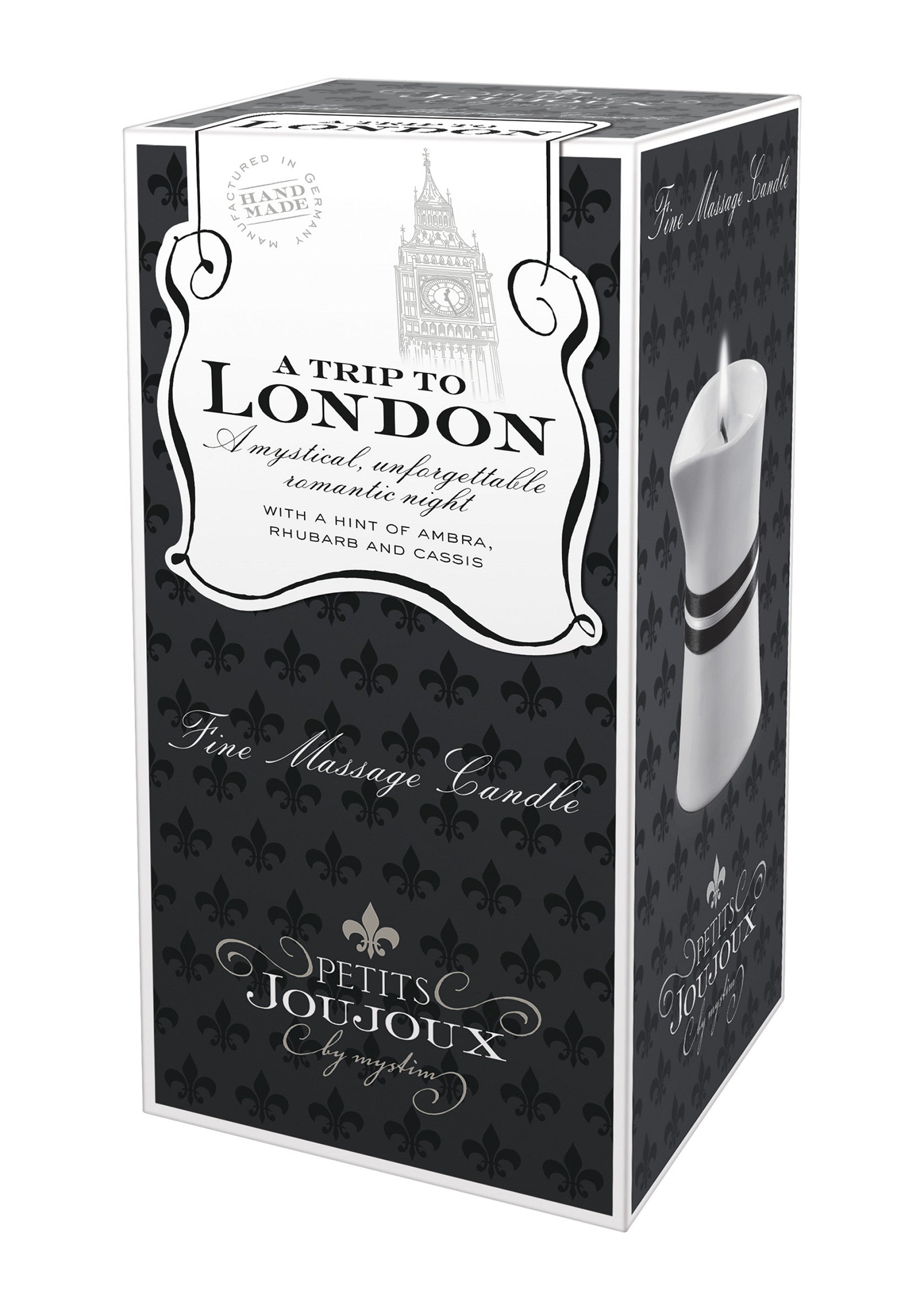 Bougie de massage fine Petits Joujoux 'A Trip to London'. Parfum romantique ambre, rhubarbe et cassis. Soin de luxe pour la peau.; Petits Joujoux 'A Trip to London' fijne massagekaars. Romantische geur van amber, rabarber en cassis. Luxe huidverzorging.; Petits Joujoux 'A Trip to London' fine massage candle. Romantic scent of amber, rhubarb, and cassis. Luxurious skincare.