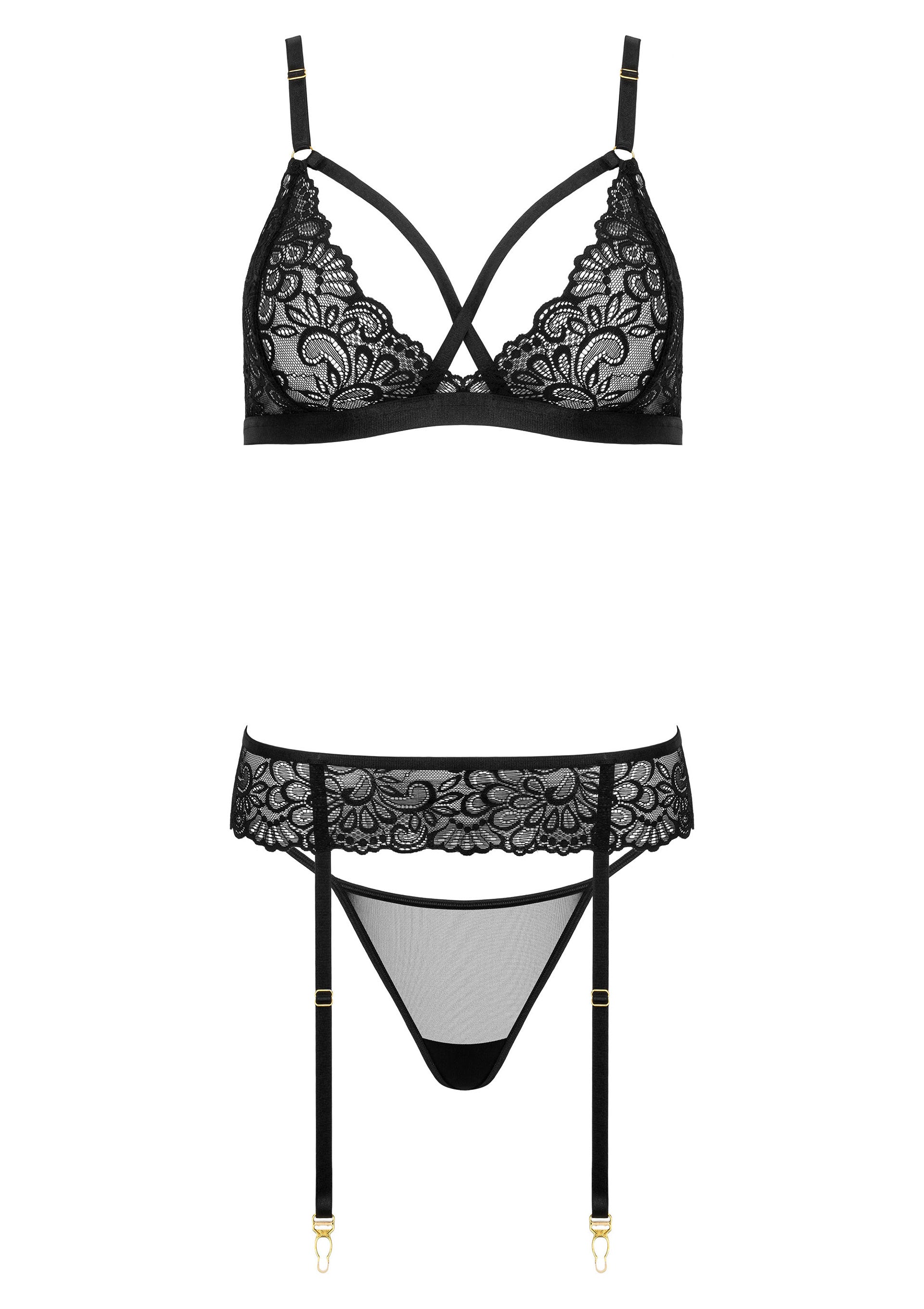 Ensemble de lingerie noir en dentelle florale séduisante.; Elegante zwarte lingerie set met bloemenkant.; Elegant black lingerie set featuring floral lace.