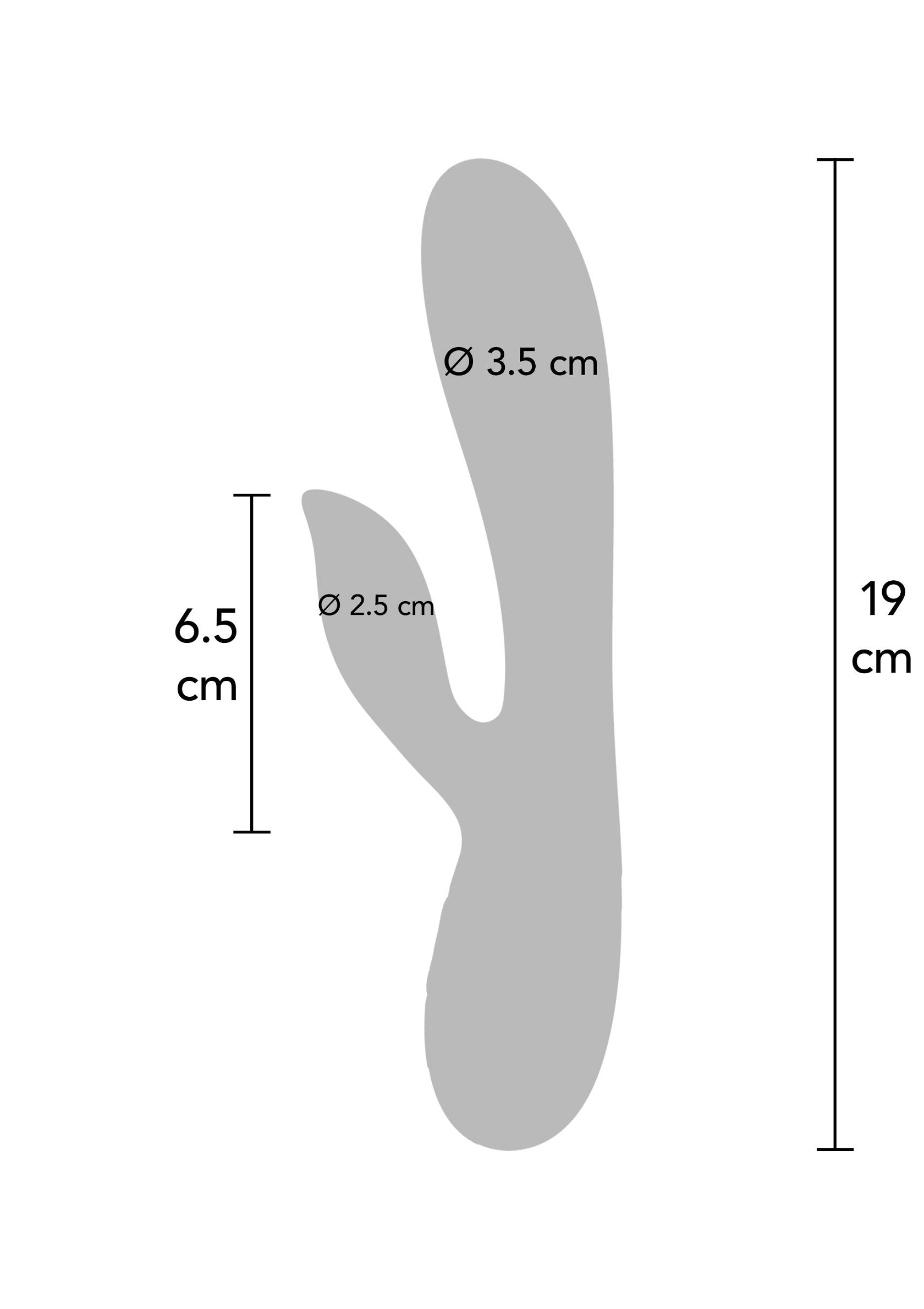 Schéma des dimensions d'un sextoy vibrant à deux branches pour le plaisir féminin.; Afmetingen schema van een vibrerende seksspeeltje met twee takken voor vrouwelijk genot.; Dimensions diagram of a two-pronged vibrating sex toy for female pleasure.