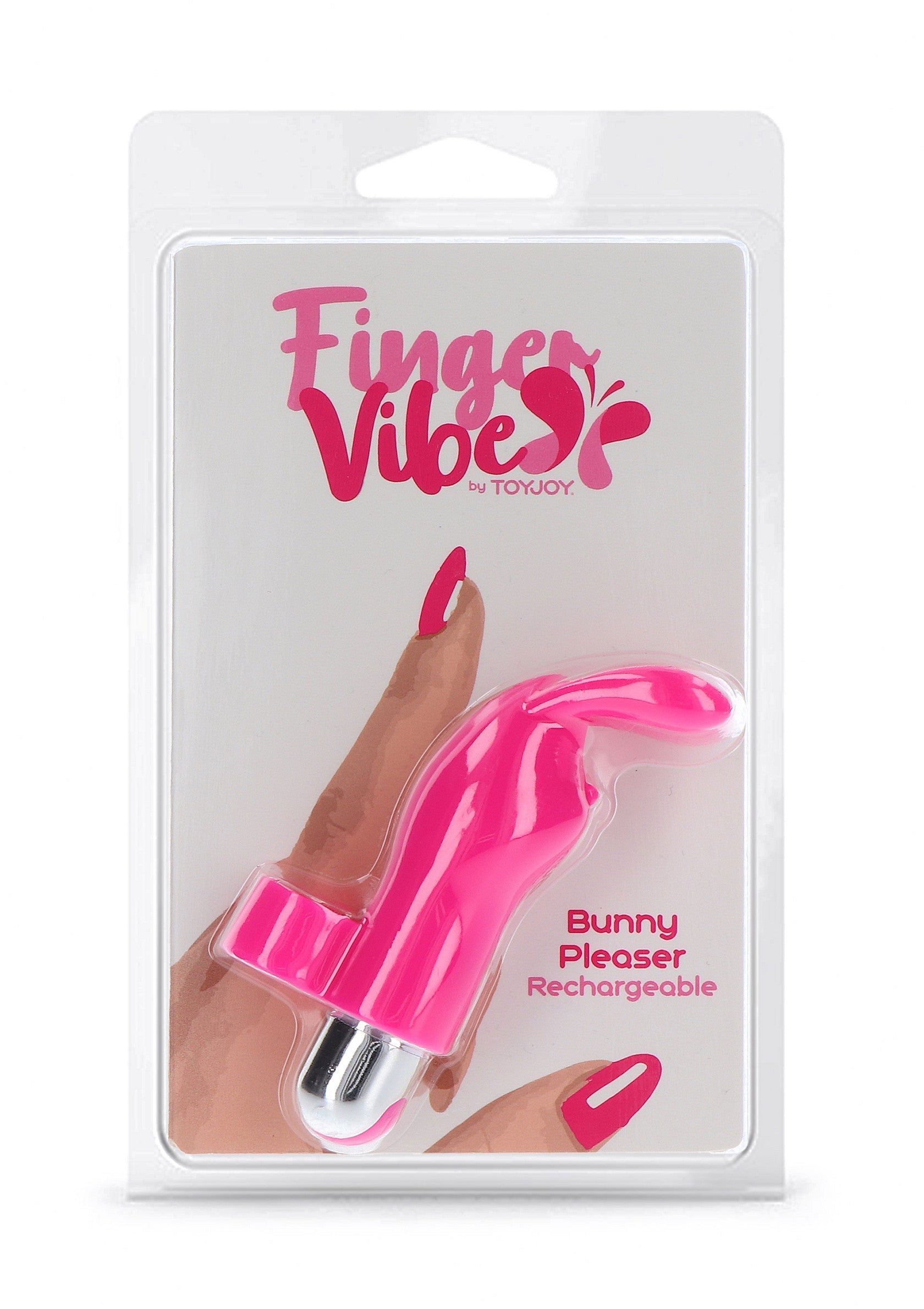 Finger Vibes Bunny Pleaser rechargeable. Un vibromasseur rose pour le plaisir solo.; Finger Vibes Bunny Pleaser oplaadbaar. Een roze vinger vibrator voor solo plezier.; Finger Vibes Bunny Pleaser rechargeable. A pink finger vibrator for solo pleasure.