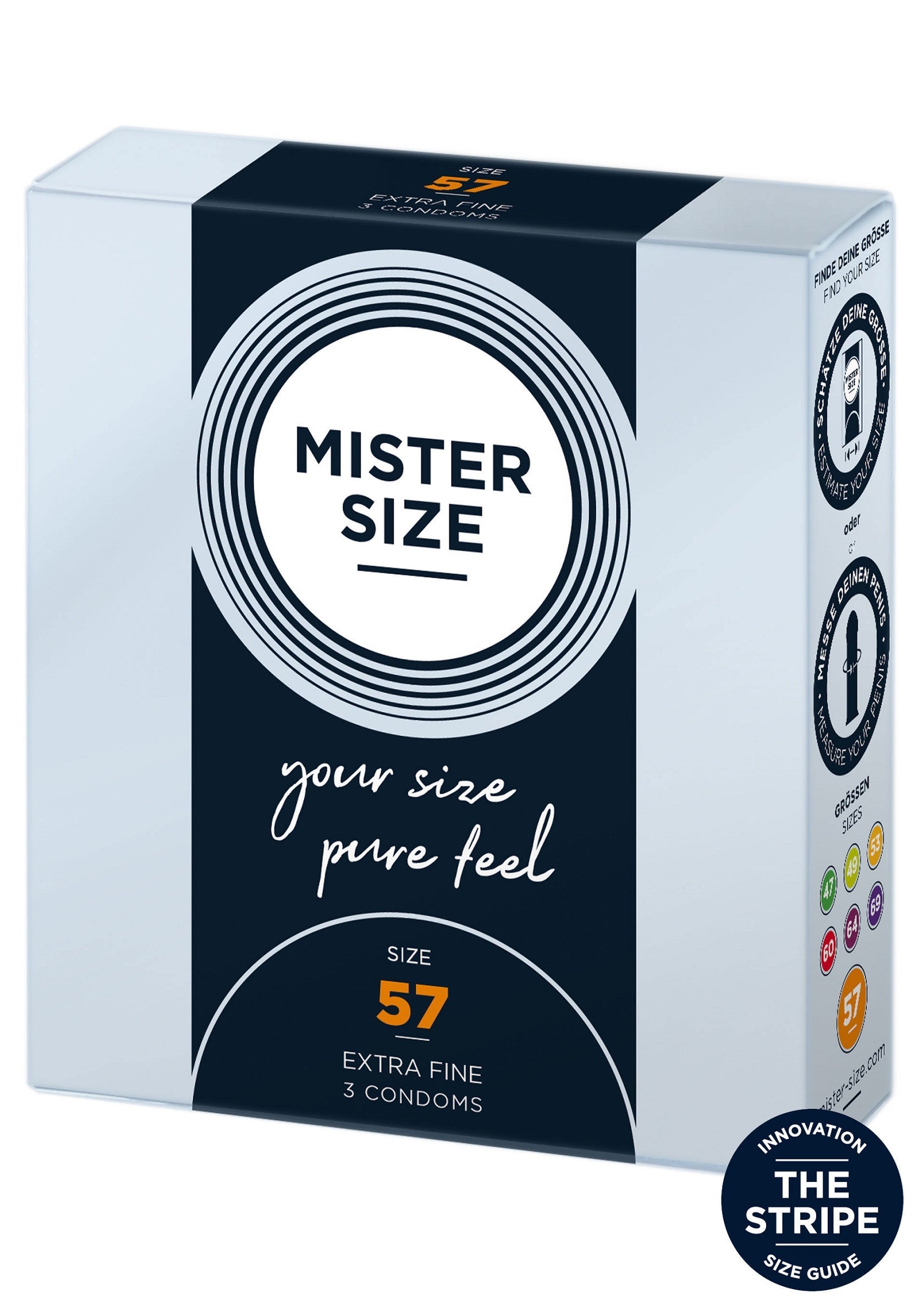 Préservatifs Mister Size 57, pour un confort optimal et une sensation naturelle. Taille personnalisée pour une protection fiable.; Mister Size 57 condooms, voor optimaal comfort en een natuurlijk gevoel. Aangepaste maat voor betrouwbare bescherming.; Mister Size 57 condoms, for optimal comfort and a natural feel. Custom size for reliable protection. 3 condoms.