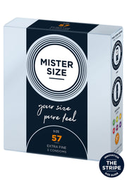 Préservatifs Mister Size 57, pour un confort optimal et une sensation naturelle. Taille personnalisée pour une protection fiable.; Mister Size 57 condooms, voor optimaal comfort en een natuurlijk gevoel. Aangepaste maat voor betrouwbare bescherming.; Mister Size 57 condoms, for optimal comfort and a natural feel. Custom size for reliable protection. 3 condoms.