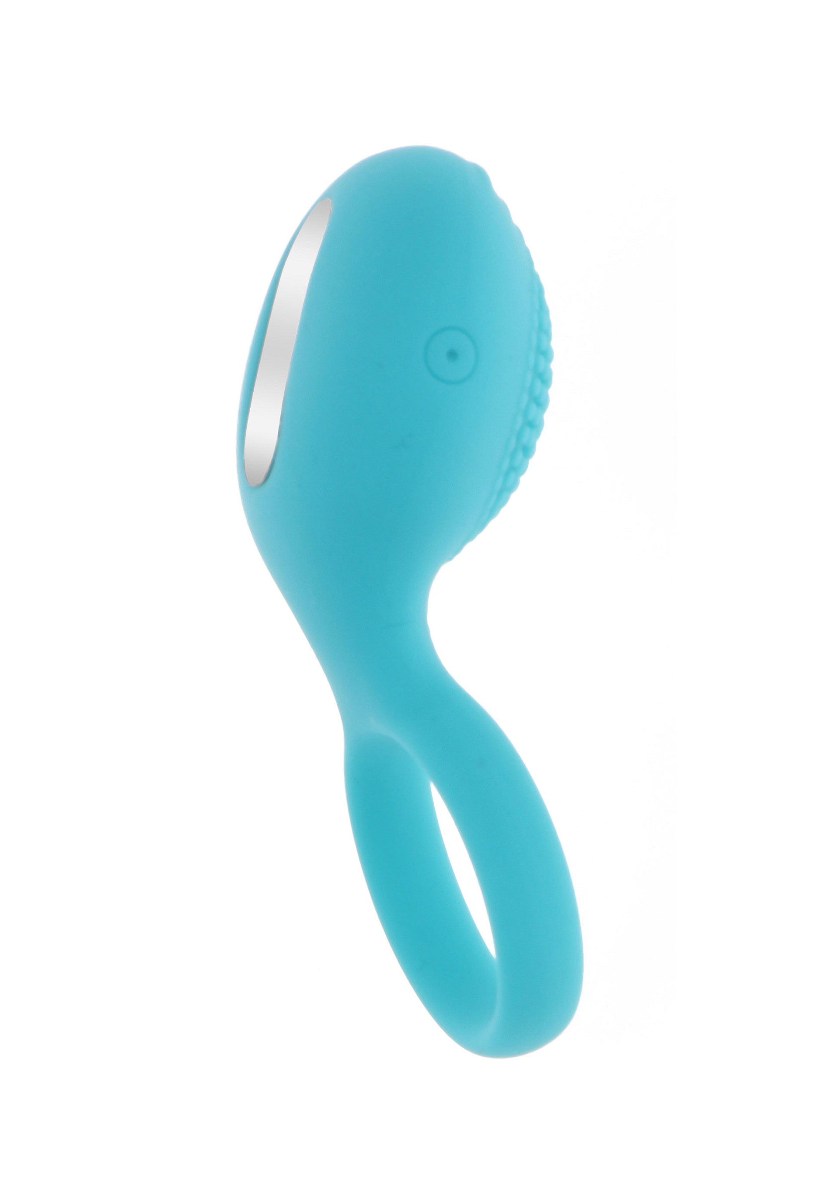 Masseur vibrant turquoise avec anneau flexible pour plus de plaisir et de stimulation.; Turquoise vibrerende massager met flexibele ring voor extra genot en stimulatie.; Teal vibrating massager with flexible ring for added pleasure and stimulation.