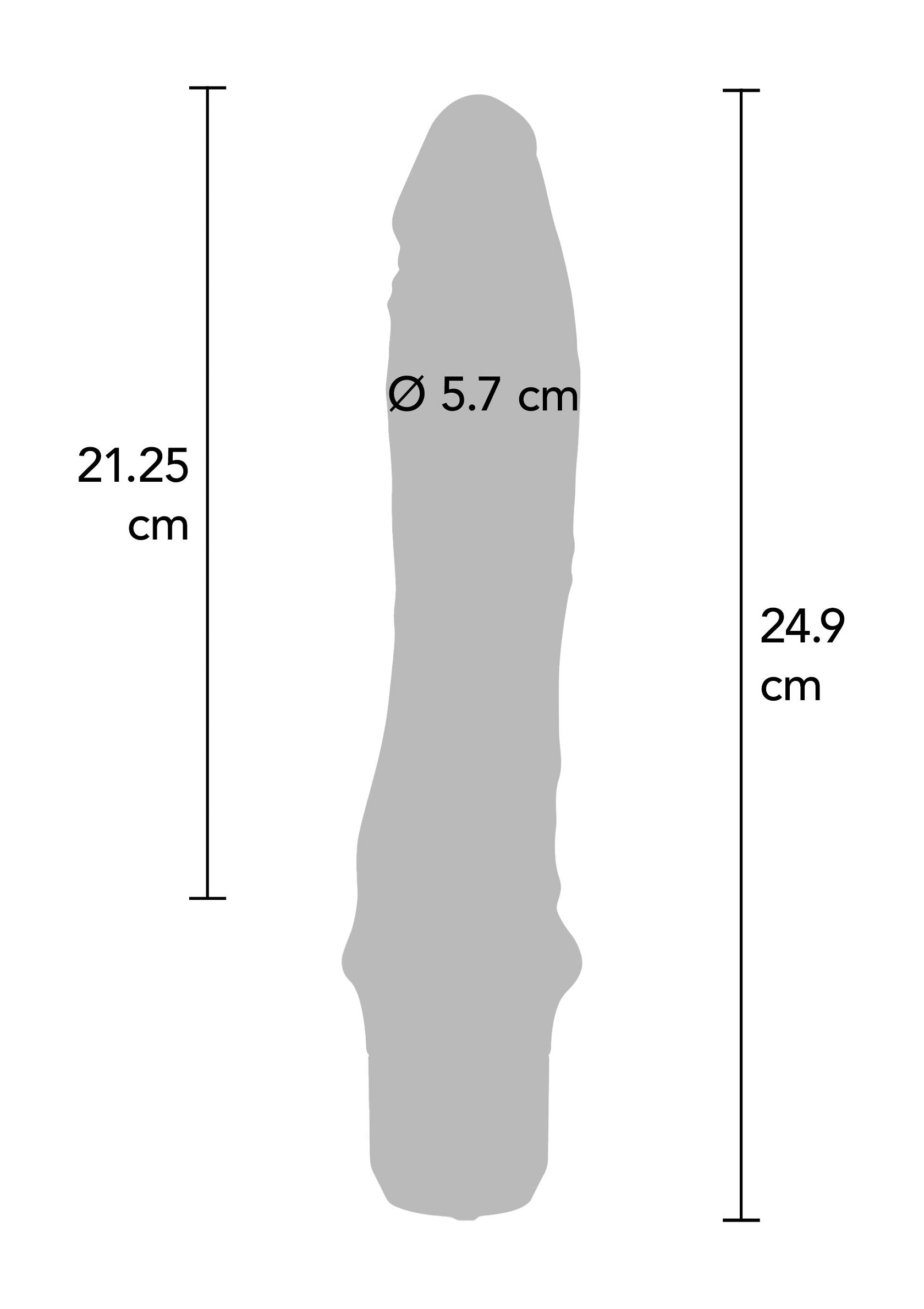 Diagramme dimensionnel détaillé d'un gode avec longueur et diamètre.; Gedetailleerd maatdiagram van een dildo met lengte en diameter.; Detailed dimensional diagram of a dildo with length and diameter.