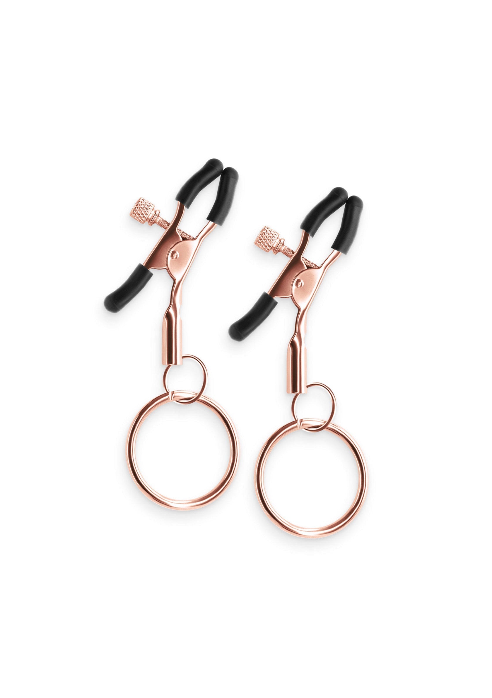 Pinces à tétons roses avec anneaux, pour pimenter votre vie amoureuse. Intensité réglable.; Roze tepelklemmen met ringen om je liefdesleven te verlevendigen. Verstelbare intensiteit.; Rose gold nipple clamps with rings to spice up your love life. Adjustable intensity.