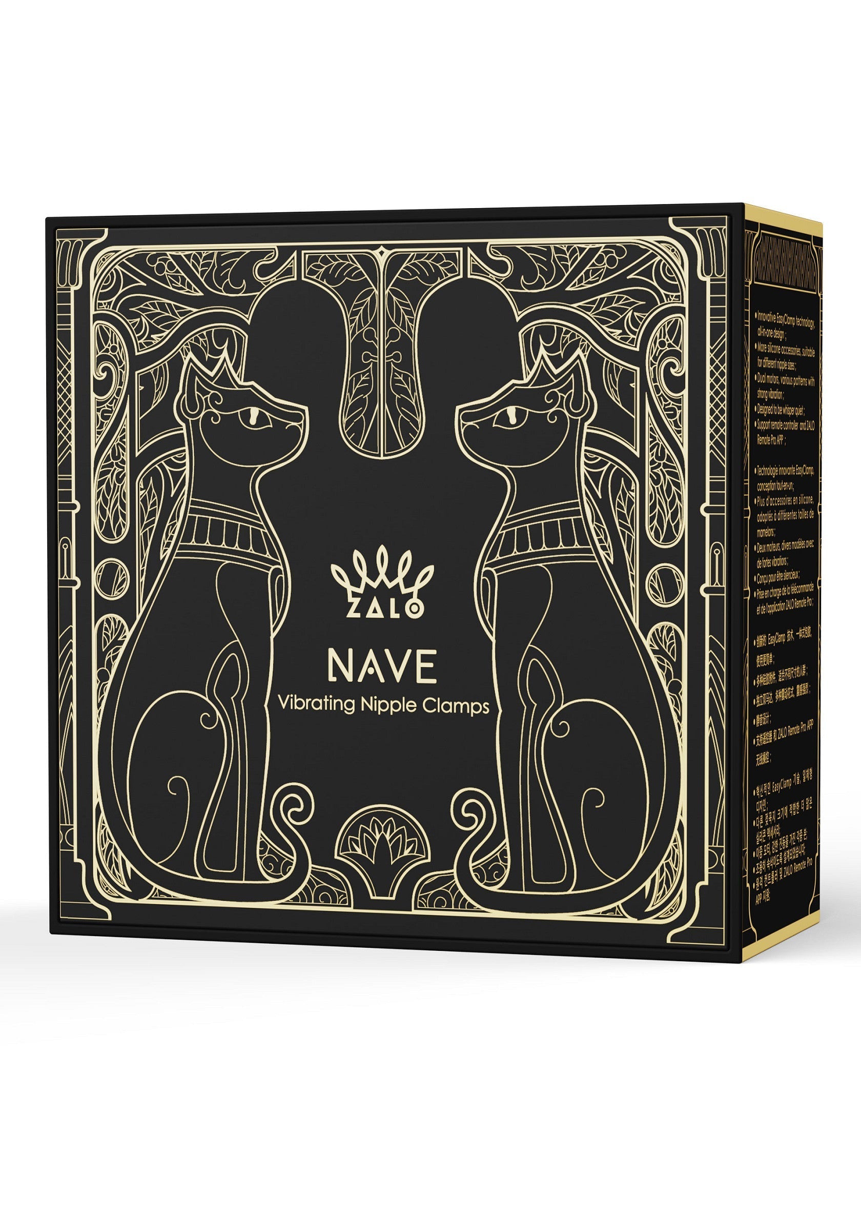 Pince-tétons vibrantes Zalo Nave. Un plaisir intense et élégant dans un coffret luxueux avec des illustrations inspirées de l'Égypte ancienne.; Zalo Nave vibrerende tepelklemmen. Intense en elegant genot in een luxe doos met illustraties geïnspireerd op het oude Egypte.; Zalo Nave vibrating nipple clamps. Intense and elegant pleasure in a luxurious box with illustrations inspired by ancient Egypt.