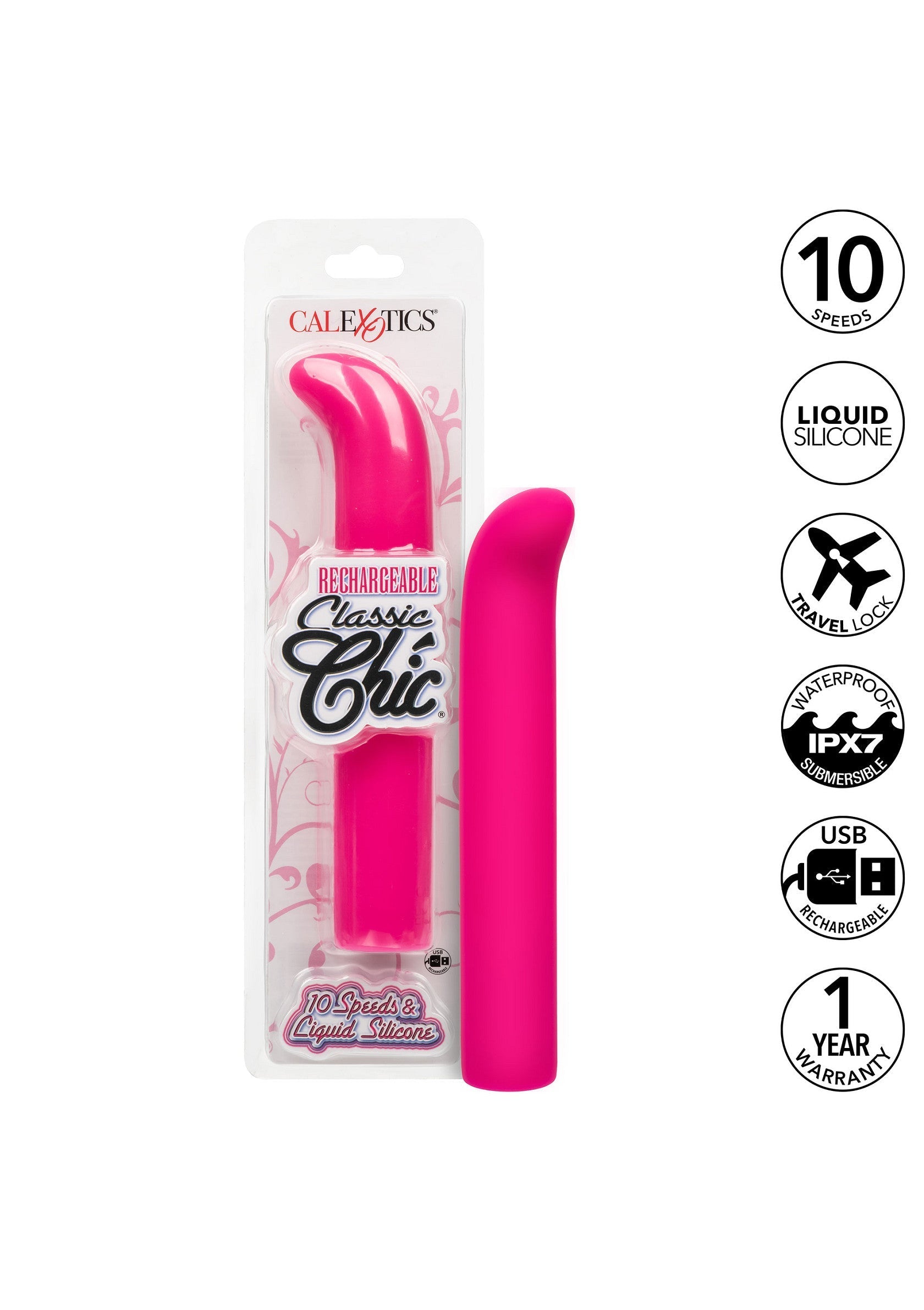 Masseur vibrant Classic Chic rechargeable rose. 10 vitesses, silicone liquide. Étanche et verrouillage de voyage.; Roze oplaadbare Classic Chic vibrator. 10 snelheden, vloeibare siliconen. Waterdicht en reisvergrendeling.; Pink rechargeable Classic Chic vibrator. 10 speeds, liquid silicone. Waterproof and travel lock.