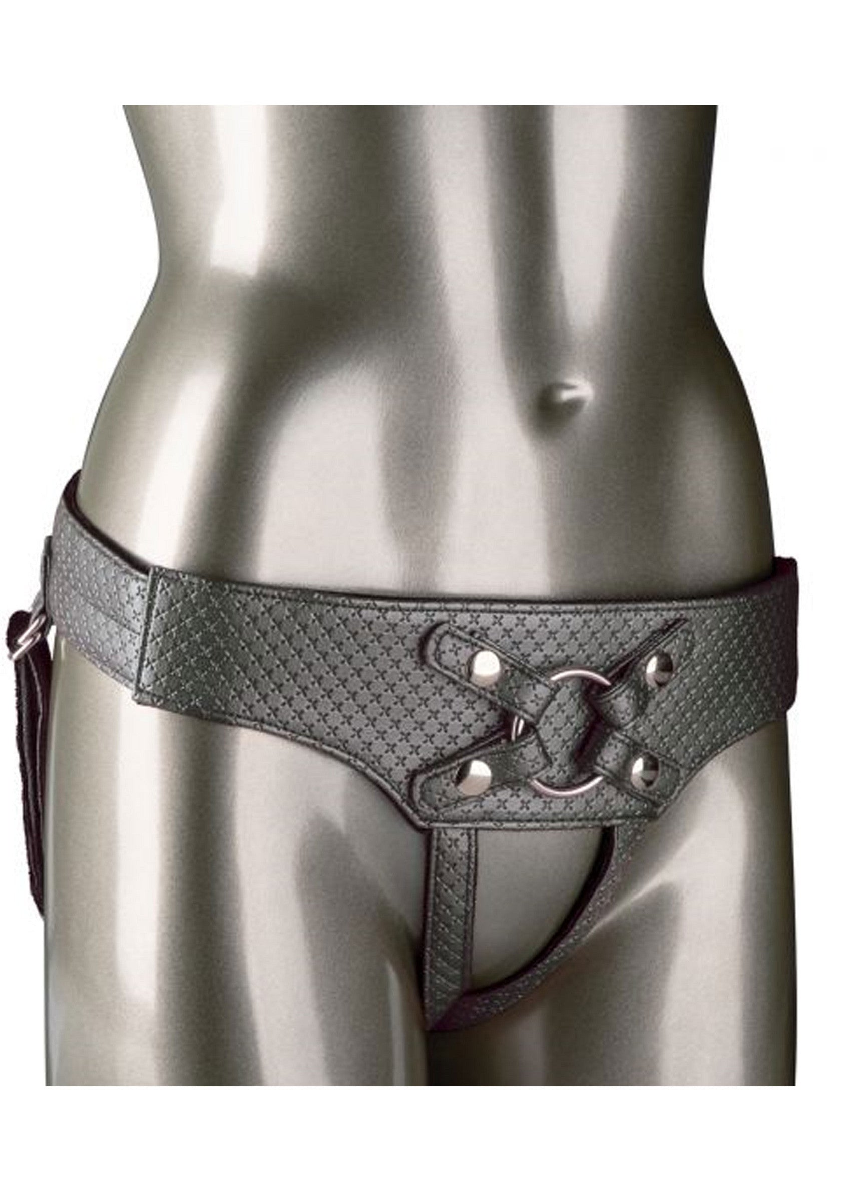 Harnais de chasteté en cuir synthétique texturé. Accessoire de lingerie fantaisie pour adultes.; Grijze kunstleren kuisheidsgordel met textuur. Volwassen fantasie lingerie accessoire.; Textured faux leather chastity belt in gray. Adult fantasy lingerie accessory.