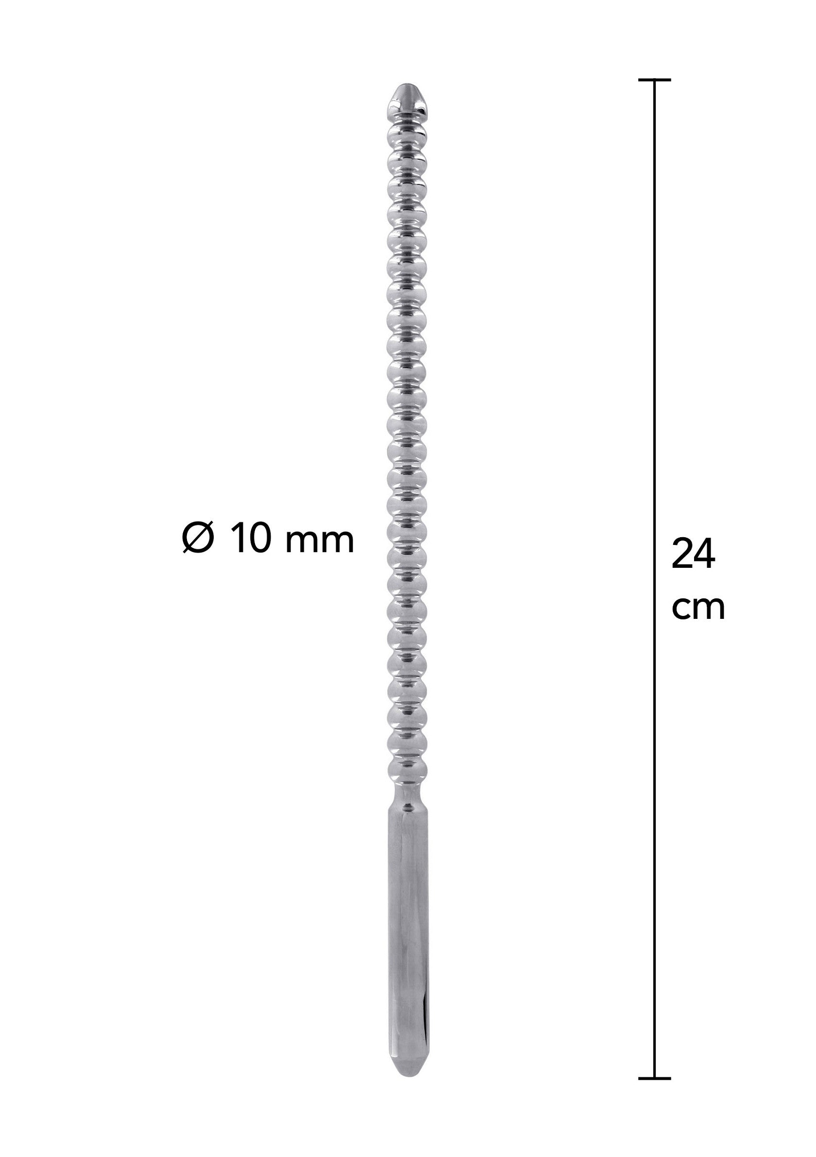 Sonde urétrale en acier inoxydable, 10 mm de diamètre et 24 cm de longueur. Parfait pour l'exploration et la stimulation.; RVS urethra plug, 10mm diameter en 24cm lengte. Perfect voor exploratie en stimulatie.; Stainless steel urethral sound, 10mm diameter and 24cm length. Perfect for exploration and stimulation.