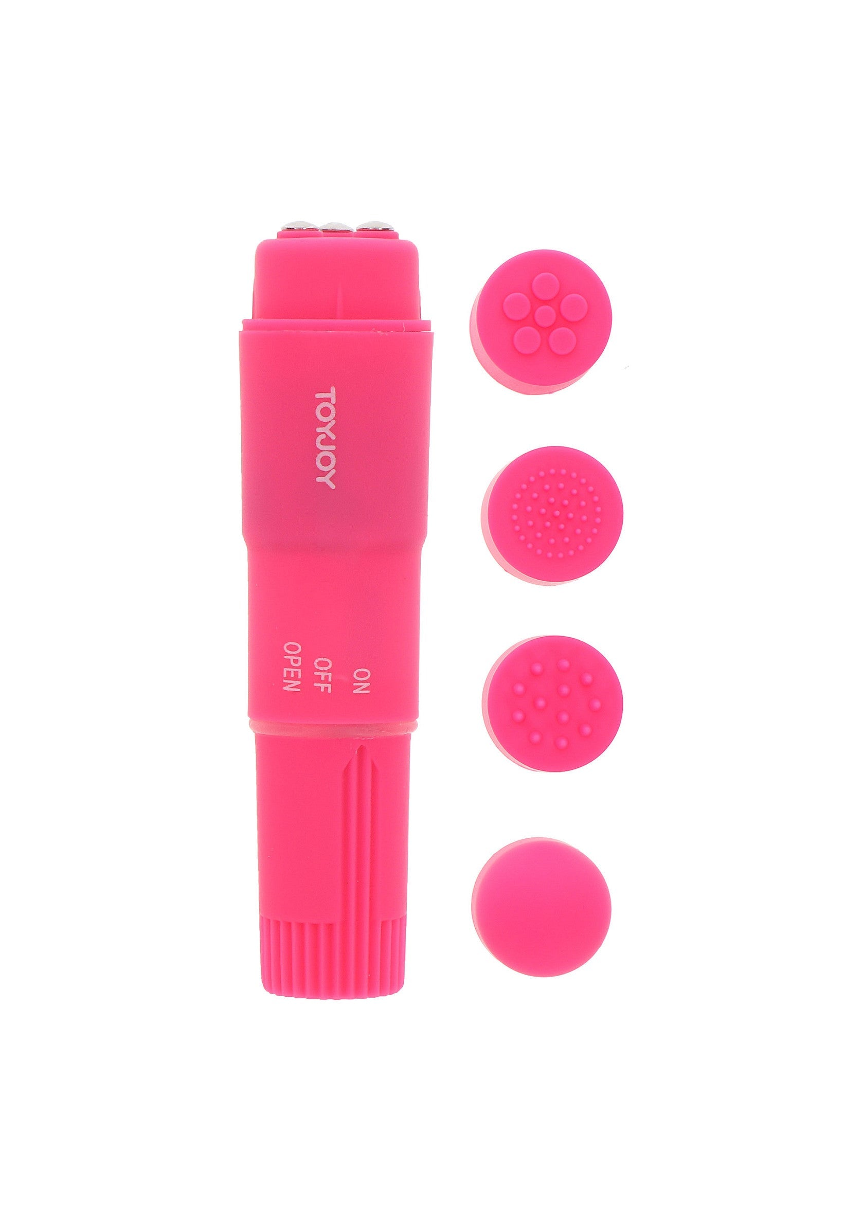 Masseur vibrant ToyJoy rose avec embouts interchangeables pour une variété de sensations.; Roze ToyJoy vibrerende massager met verwisselbare opzetstukken voor een scala aan sensaties.; Pink ToyJoy vibrating massager with interchangeable attachments for a variety of sensations.