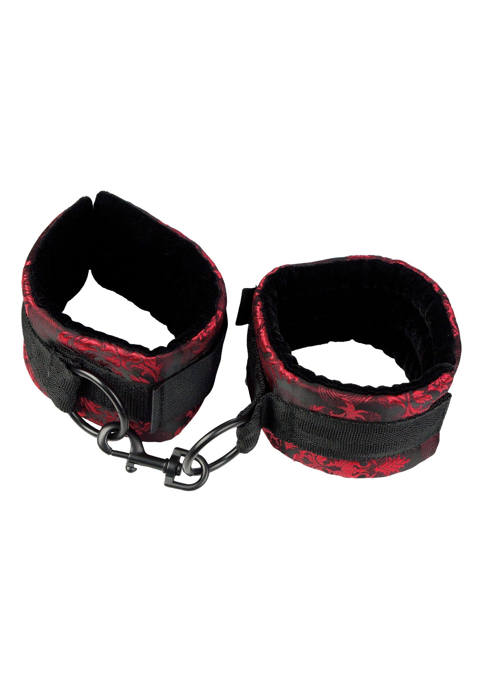 Menottes de cheville rouges et noires, doublure douce, accessoires coquins.; Rode en zwarte enkelboeien, zachte voering, ondeugende accessoires.; Red and black ankle cuffs, soft lining, kinky accessories.