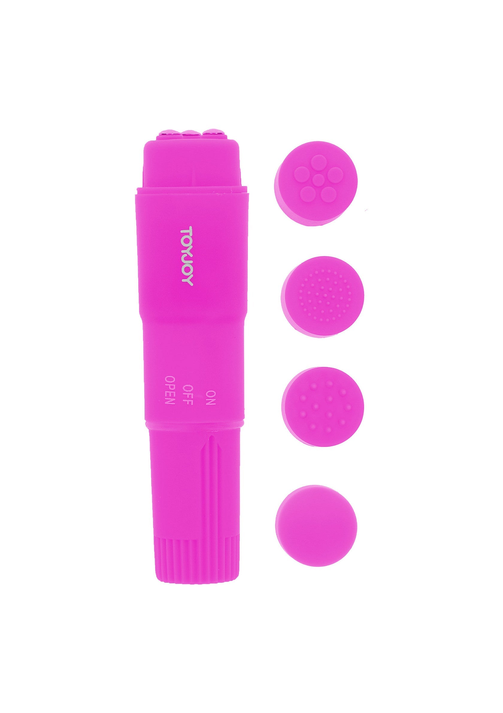 Masseur personnel ToyJoy rose avec embouts interchangeables pour une expérience sur mesure.; Roze ToyJoy persoonlijke stimulator met verwisselbare opzetstukken voor een ervaring op maat.; Pink ToyJoy personal massager with interchangeable heads for a customized experience.