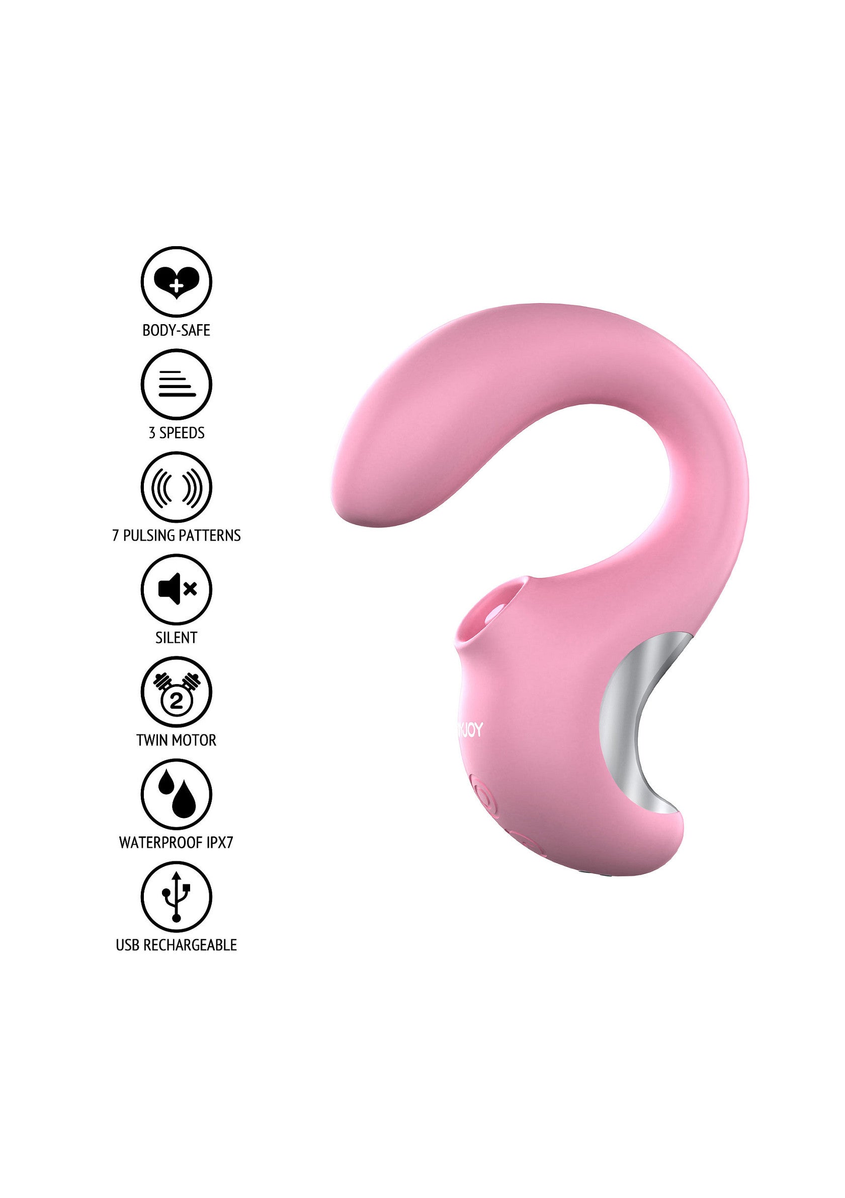 Masseur clitoridien rose en silicone doux, rechargeable par USB, étanche et silencieux. 7 modes de vibration.; Roze clitoris stimulator van zachte siliconen, USB oplaadbaar, waterdicht en stil. 7 vibratie standen.; Pink clitoral massager made of soft silicone, USB rechargeable, waterproof and silent. 7 vibration modes.