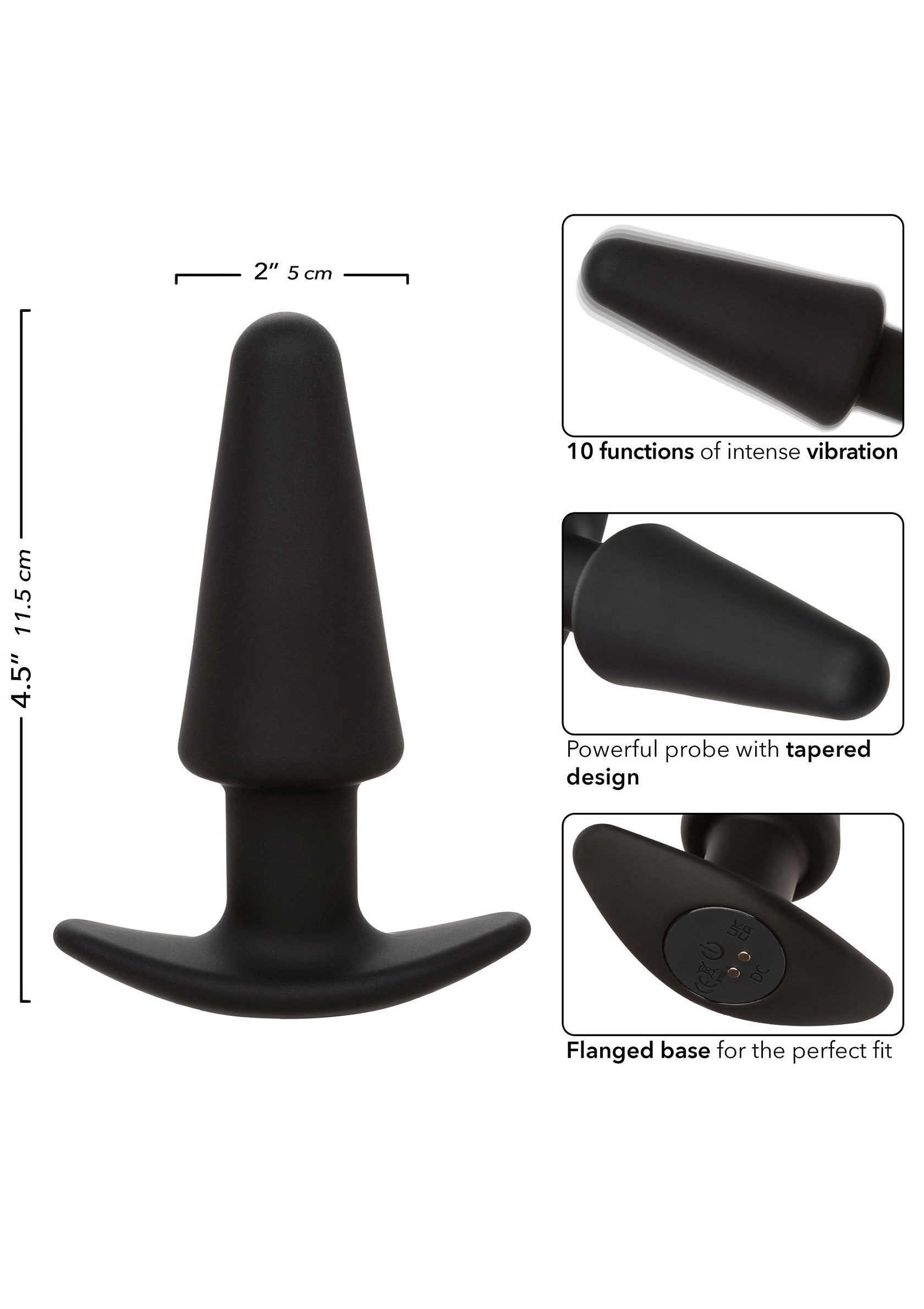 Plug anal noir vibrant avec 10 fonctions et base évasée pour un ajustement parfait.; Zwarte vibrerende anale plug met 10 functies en uitlopende basis voor een perfecte pasvorm.; Black vibrating butt plug with 10 functions and flared base for the perfect fit.