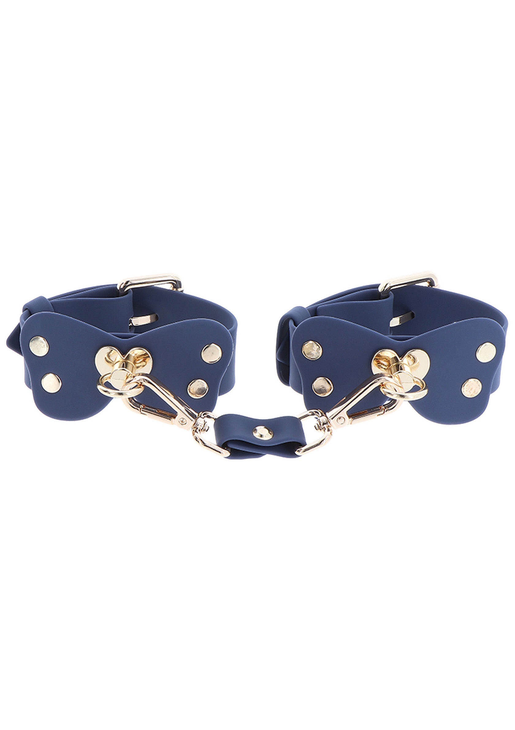 Menottes bleues en cuir avec détails dorés pour des jeux coquins et une soumission raffinée.; Blauwe lederen handboeien met gouden details voor speelse spelletjes en verfijnde onderwerping.; Blue leather handcuffs with gold details for playful games and refined submission.