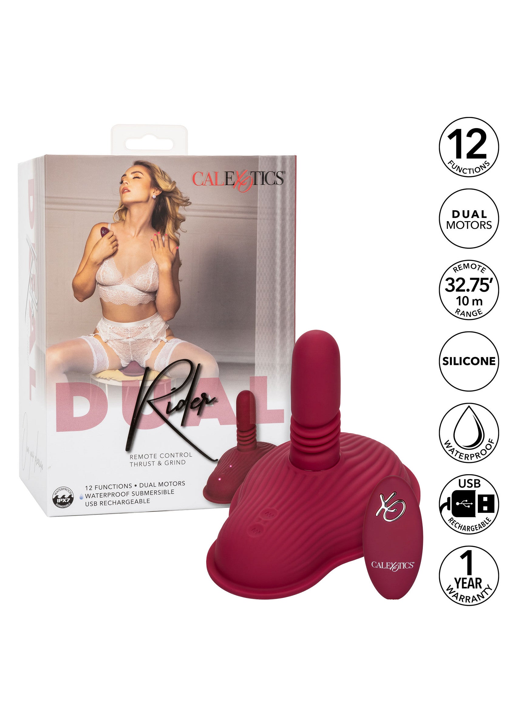 Vibromasseur clitoridien CalExotics Dual Rider : 12 fonctions, double moteurs, télécommande, étanche, rechargeable USB, garantie 1 an.; CalExotics Dual Rider vibrator: 12 functies, dubbele motoren, afstandsbediening, waterdicht, USB oplaadbaar, 1 jaar garantie.; CalExotics Dual Rider vibrator: 12 functions, dual motors, remote control, waterproof, USB rechargeable, 1 year warranty.