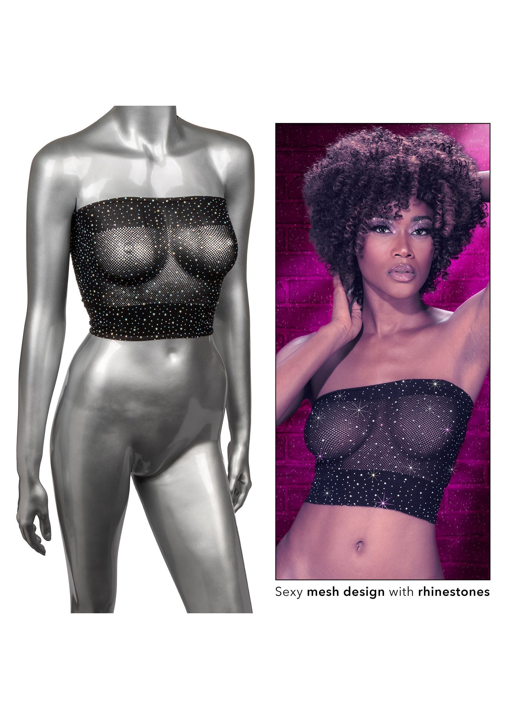 Haut bandeau en maille sexy orné de strass étincelants. Parfait pour une soirée glamour!; Sexy mesh bandeau top met fonkelende strass steentjes. Perfect voor een glamoureuze avond!; Sexy mesh tube top with sparkling rhinestones. Perfect for a glamorous night out!