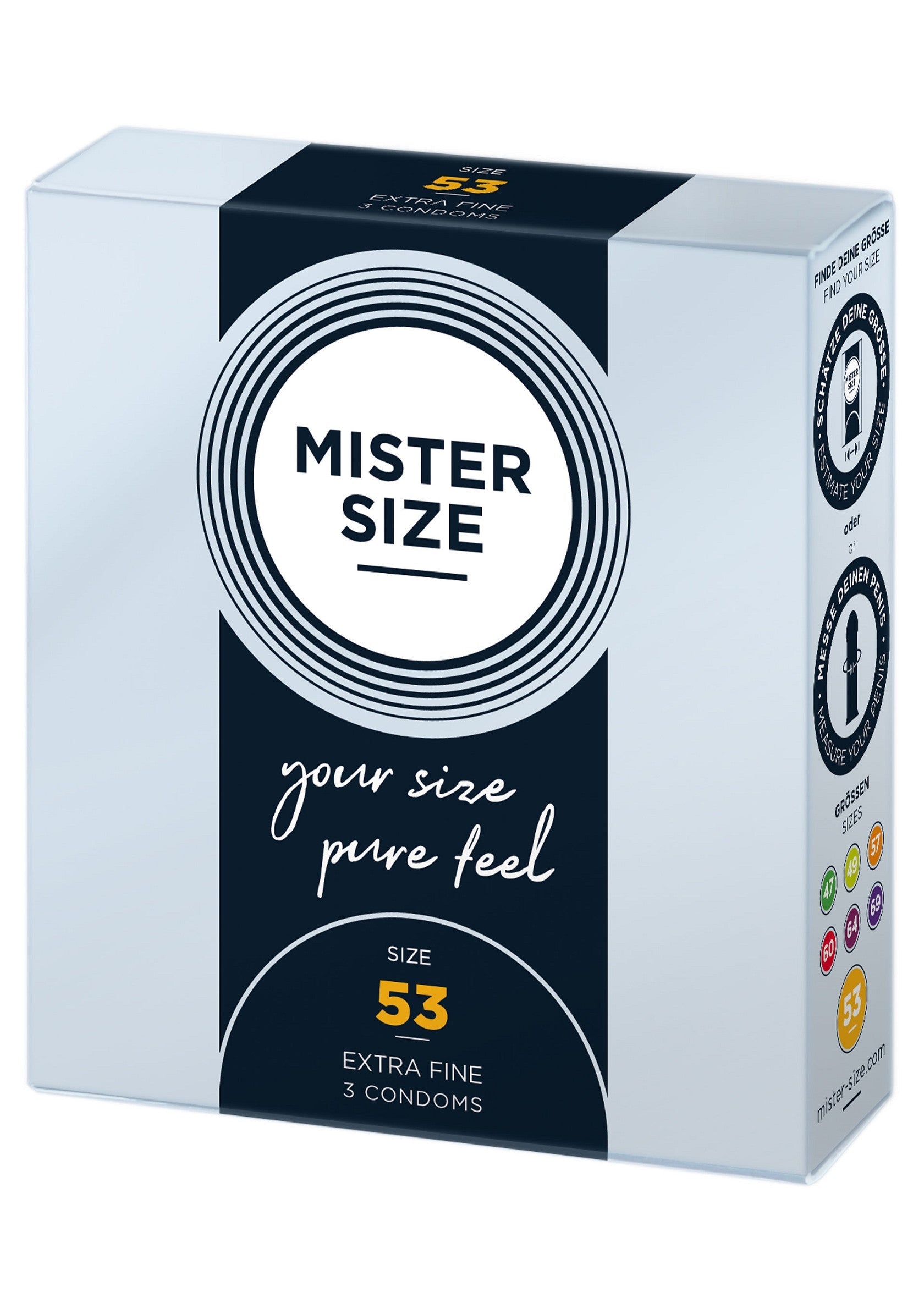 Boîte de préservatifs Mister Size 53 extra fins. Sensation naturelle garantie. Taille adaptée pour un confort optimal.; Mister Size 53 condooms, extra dun. Perfecte pasvorm voor een natuurlijk gevoel. Jouw maat voor optimaal comfort.; Mister Size 53 condoms, extra fine. Perfect fit for a natural feel. Your size for optimum comfort. 3 condoms.