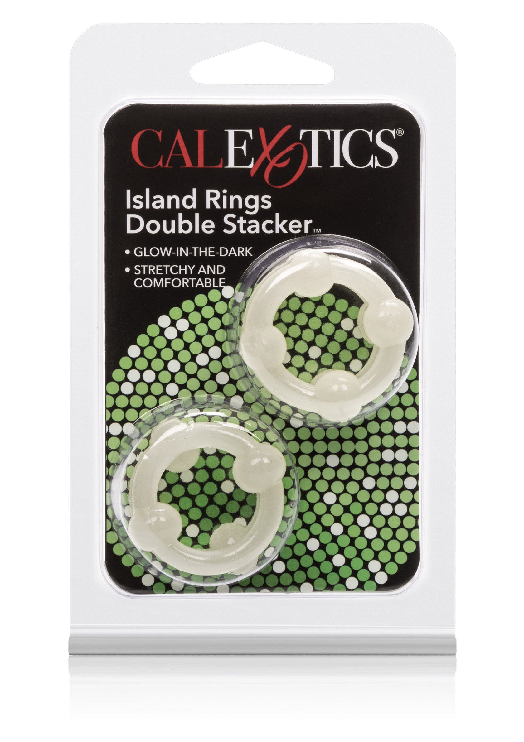 Anneaux péniens CalExotics Island Rings Double Stacker, phosphorescents, extensibles et confortables.; CalExotics Island Rings Double Stacker penisringen, glow-in-the-dark, rekbaar en comfortabel.; CalExotics Island Rings Double Stacker, glow-in-the-dark, stretchy, and comfortable penis rings.
