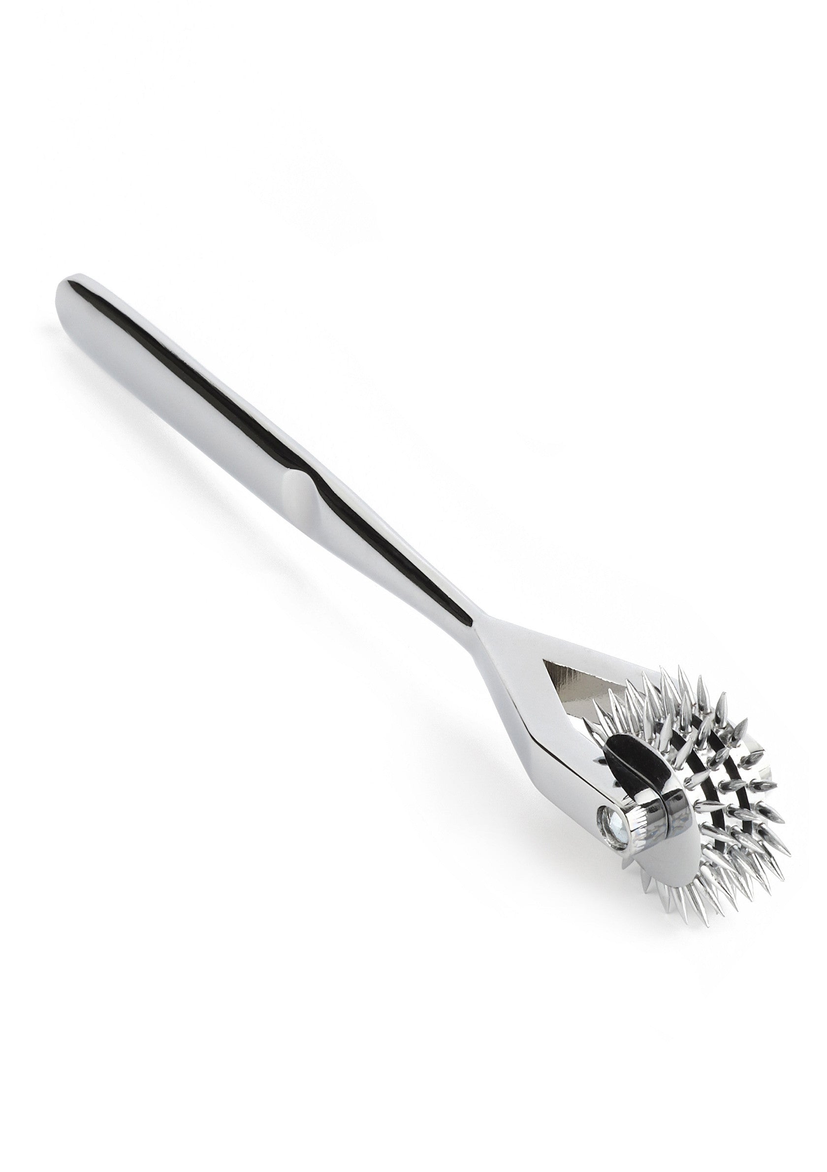 Roulette à picots en métal chromé pour stimulation sensorielle intense. Sensations uniques garanties.; Chrome metalen pinwheel voor intense sensorische stimulatie. Gegarandeerd unieke sensaties.; Chrome metal pinwheel for intense sensory stimulation. Guaranteed unique sensations.