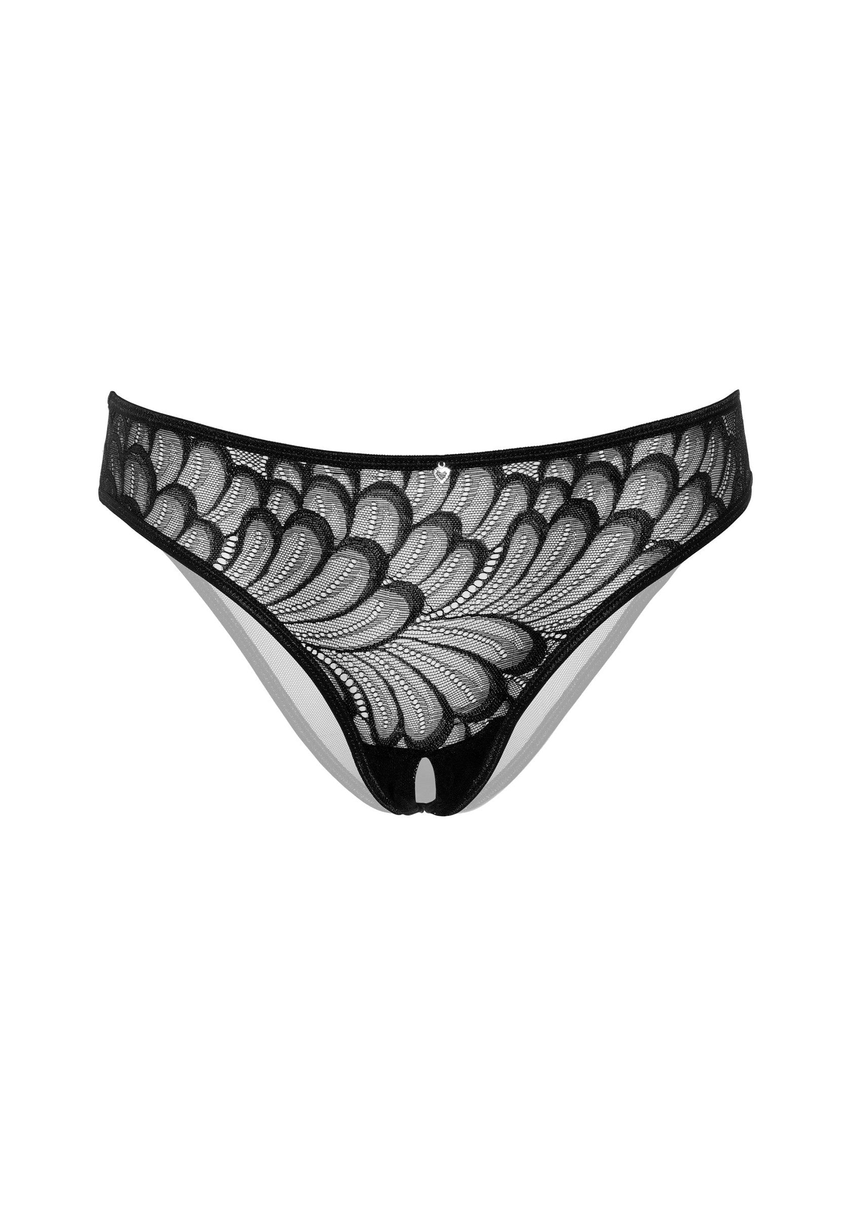 Culotte ouverte noire en dentelle florale délicate. Lingerie séduisante pour une touche d'élégance coquine.; Zwarte open kruis slip van delicaat bloemenkant. Verleidelijk lingerie voor een elegante, ondeugende toets.; Black open crotch panty in delicate floral lace. Seductive lingerie for an elegant, naughty touch.