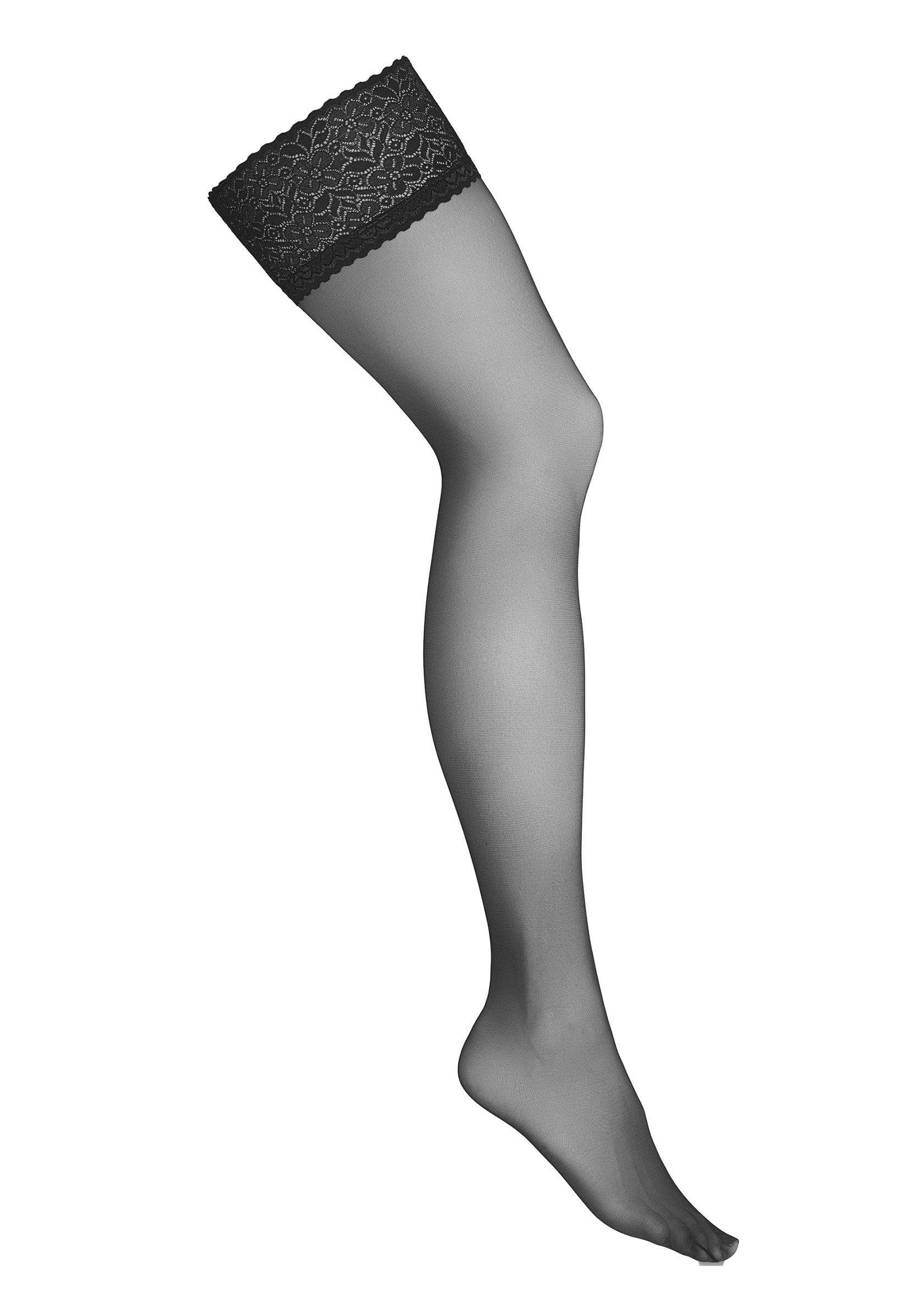 Bas autofixants noirs avec bordure en dentelle. Élégance et confort garantis. Découvrez notre collection !; Zwarte kousen met kantrand. Elegantie en comfort gegarandeerd. Ontdek onze collectie!; Black hold-ups with lace trim. Elegance and comfort guaranteed. Discover our collection!