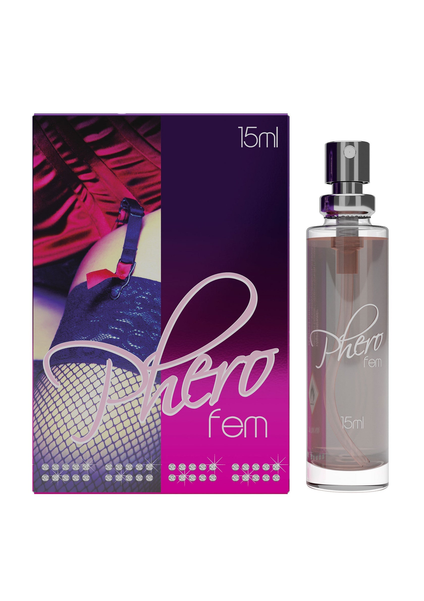 Phéro Fem 15ml : parfum aphrodisiaque pour femme. Packaging attrayant et flacon discret. Laissez-vous séduire par son pouvoir !; Phéro Fem 15ml: Afrodisiacum parfum voor vrouwen. Aantrekkelijke verpakking en discrete fles. Laat je verleiden door zijn kracht!; Phéro Fem 15ml: Aphrodisiac perfume for women. Attractive packaging and discreet bottle. Let yourself be seduced by its power!