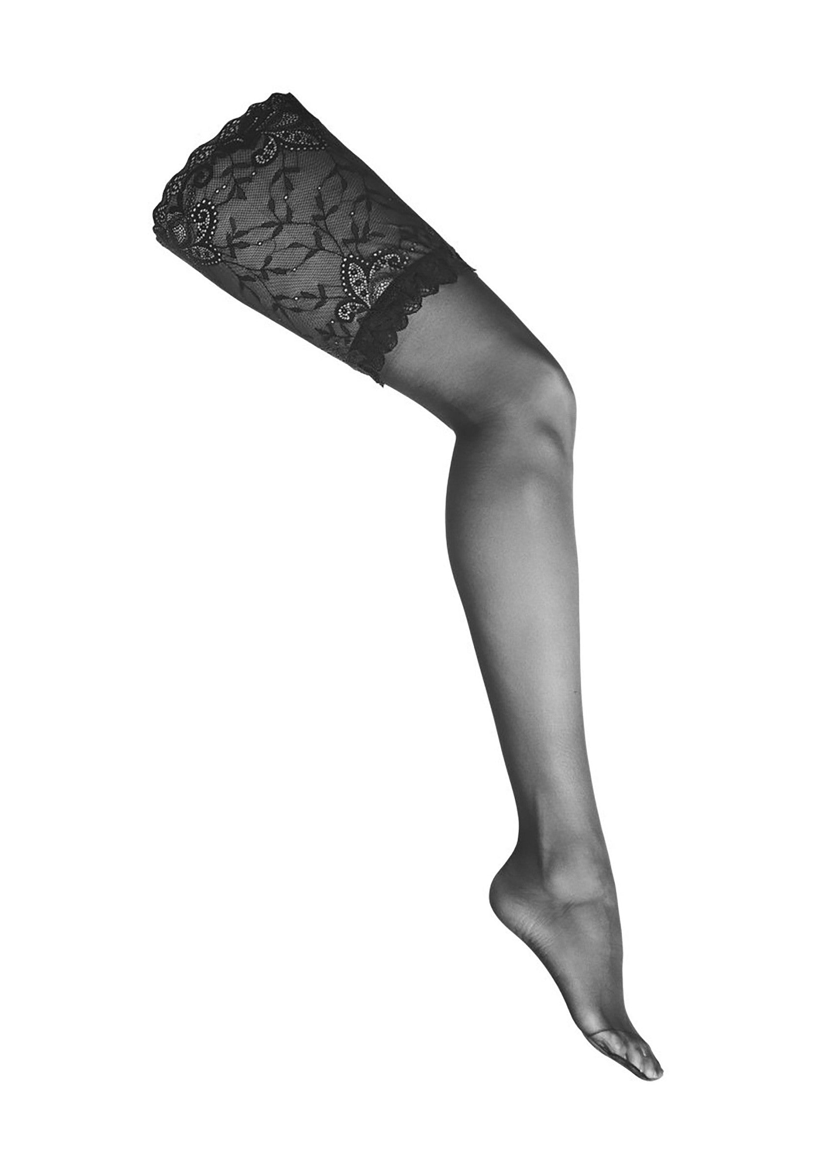 Bas autofixants noirs avec dentelle élégante. Parfait pour une touche de sophistication.; Zwarte kousenbanden met elegant kant. Perfect voor een vleugje verfijning.; Black hold-up stockings with elegant lace. Perfect for a touch of sophistication.