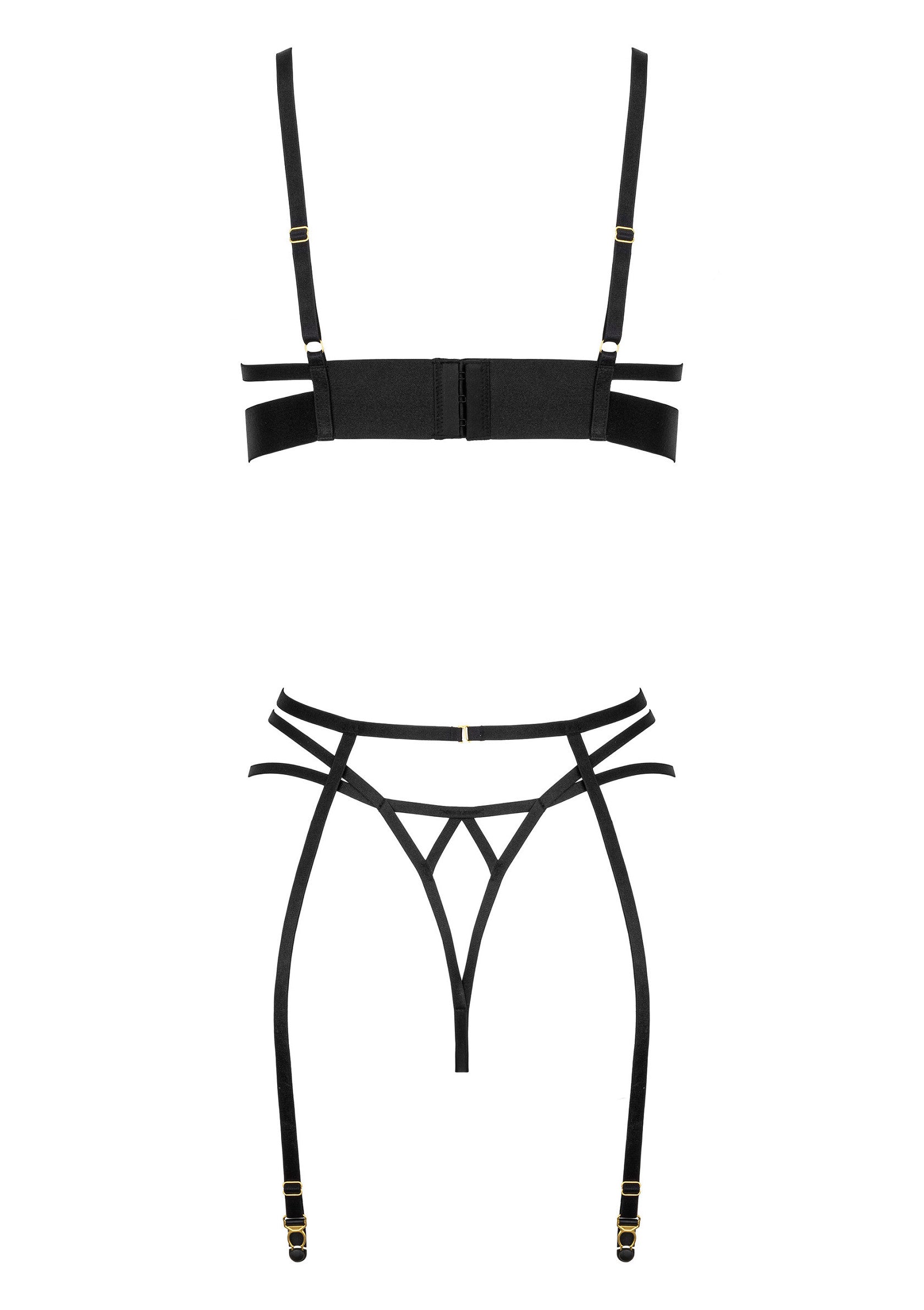 Ensemble de lingerie noir avec jarretelles, élégant et sensuel.; Zwarte lingerie set met jarretels, elegant en verleidelijk.; Black lingerie set with garter belt, elegant and sensual.