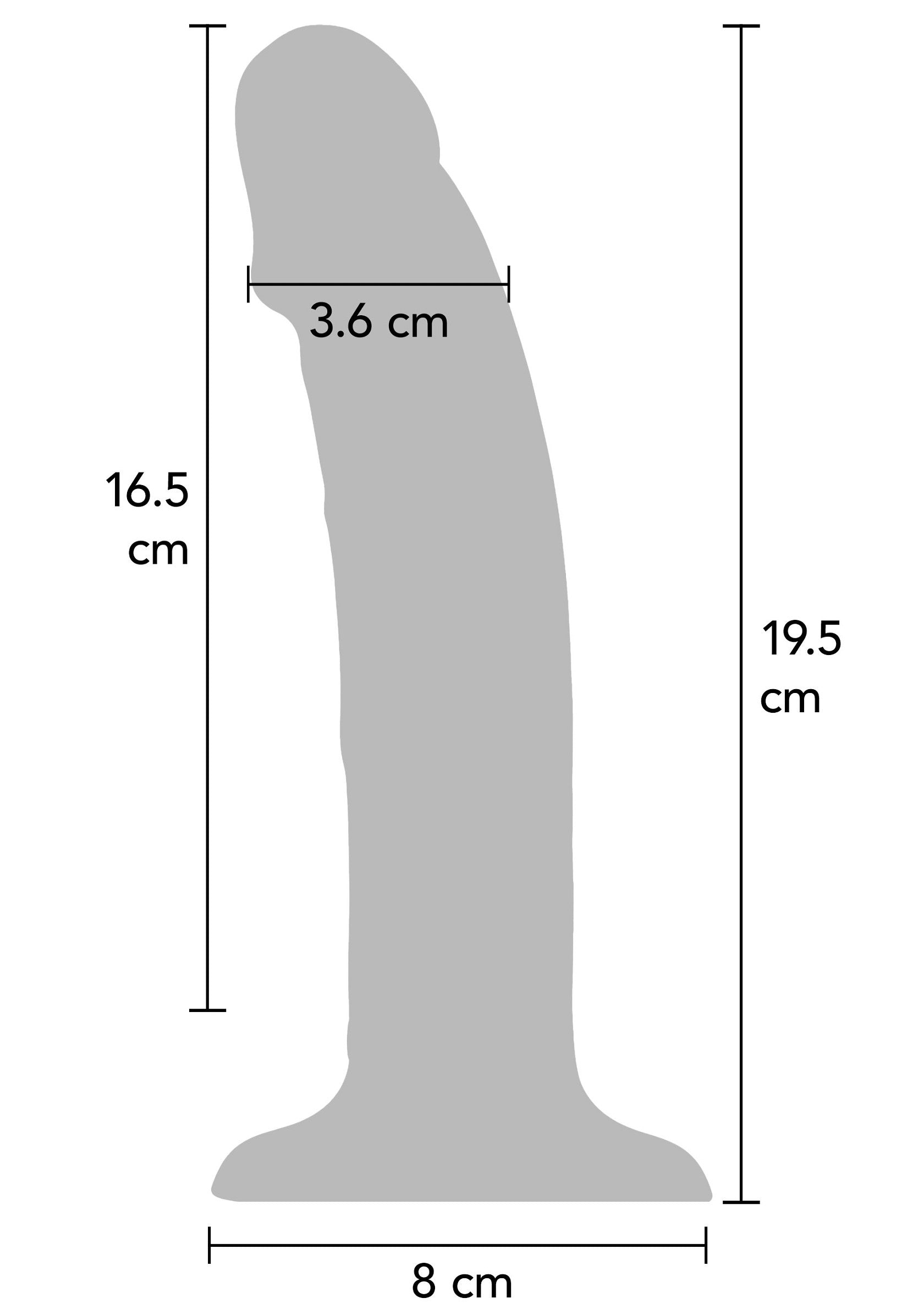 Diagramme de jouet sexuel avec des dimensions précises (longueur, diamètre de la tête, largeur de la base).; Seksueel speeltje diagram met precieze afmetingen (lengte, hoofddiameter, basisbreedte).; Sex toy diagram with precise measurements (length, head diameter, base width).