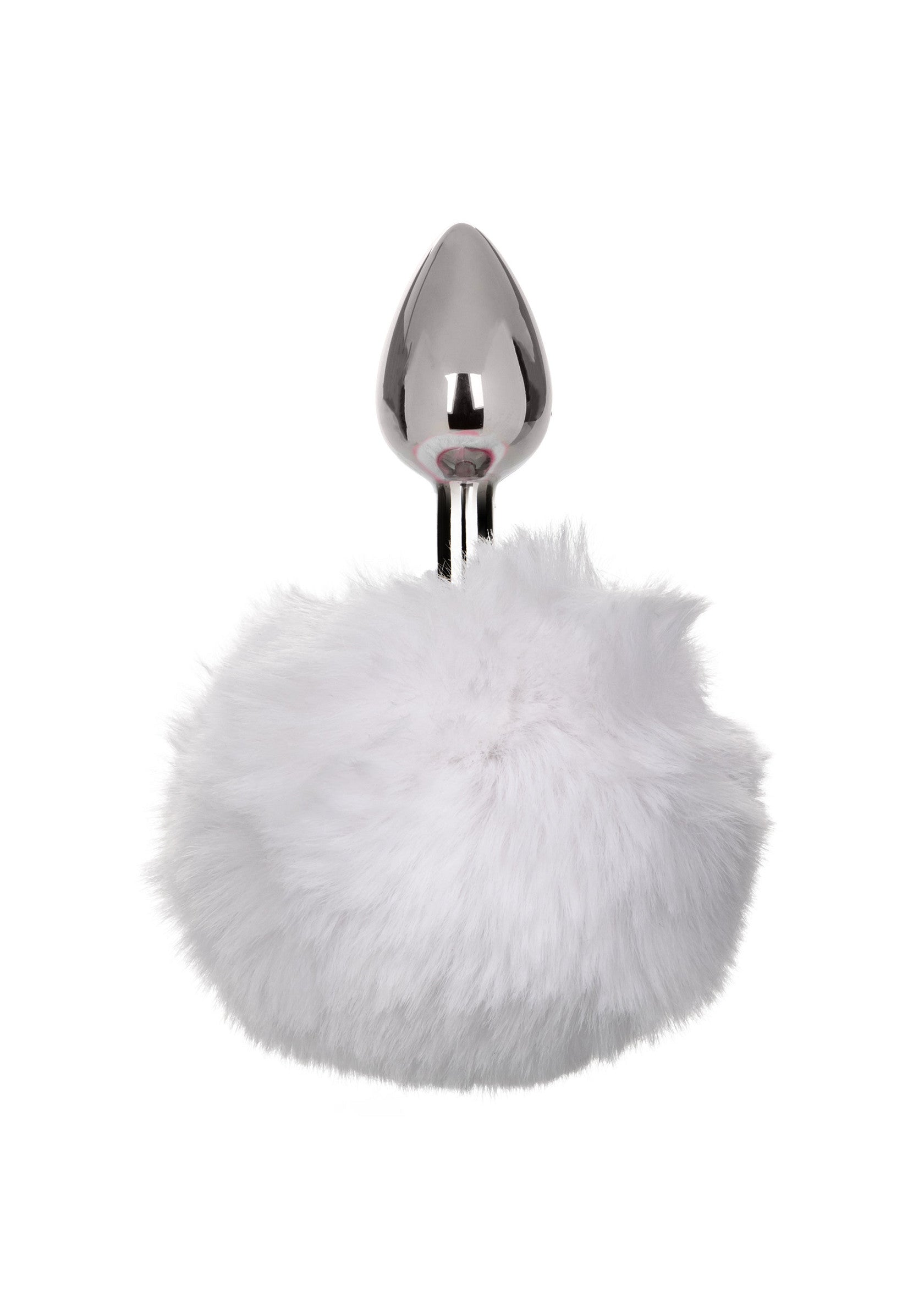 Plug anal en métal avec queue de lapin en fausse fourrure blanche douce pour le plaisir et le jeu de rôle.; Metalen buttplug met zachte, witte faux fur konijnenstaart voor plezier en rollenspel.; Metal butt plug with soft, white faux fur bunny tail for pleasure and roleplay.