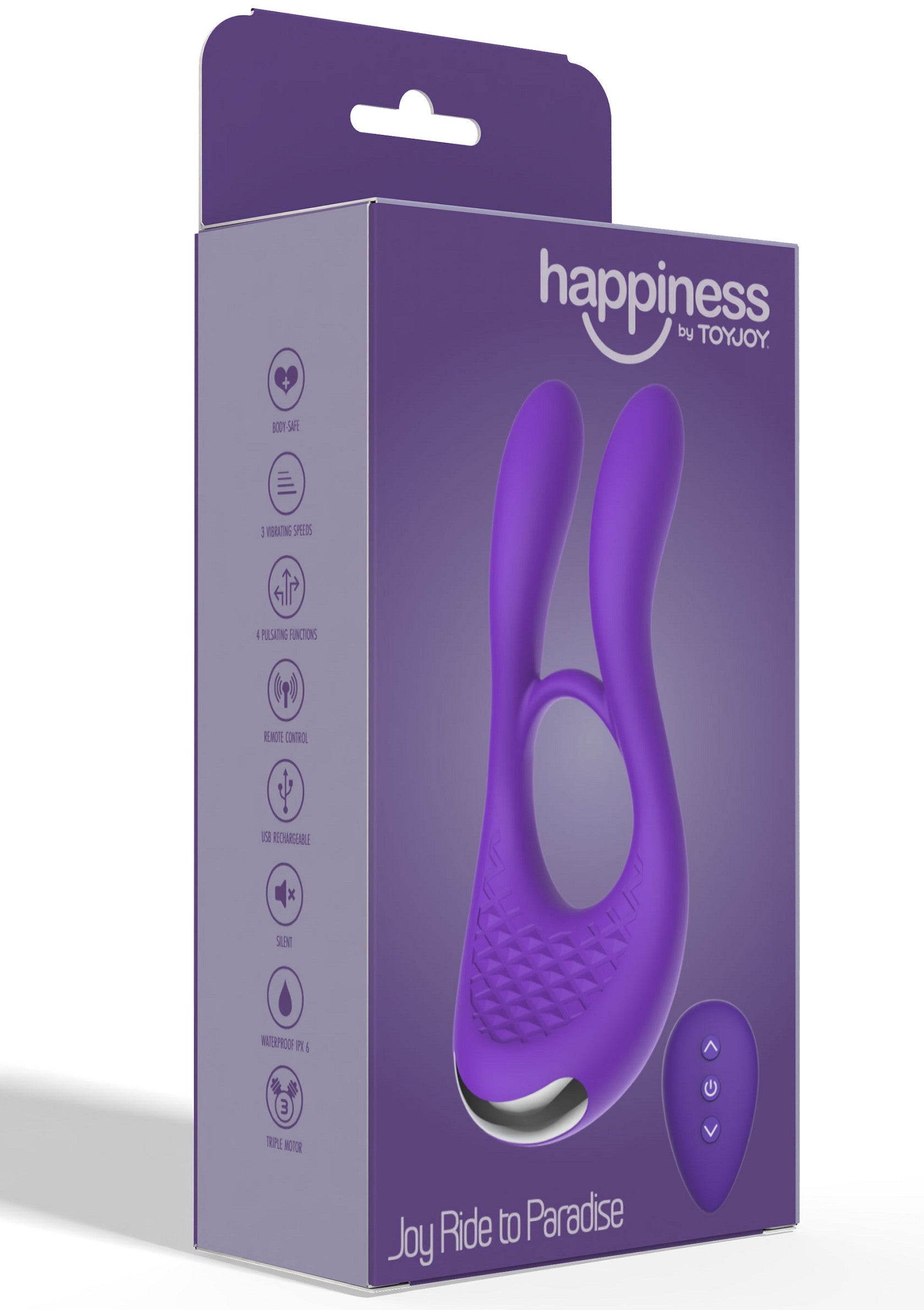 Happiness by ToyJoy : Vibromasseur clitoridien violet pour le plaisir féminin. Découvrez Joy Ride to Paradise !; Happiness by ToyJoy: Paarse clitoris vibrator voor vrouwelijk genot. Ontdek Joy Ride to Paradise!; Happiness by ToyJoy: Purple clitoral vibrator for women's pleasure. Discover Joy Ride to Paradise!