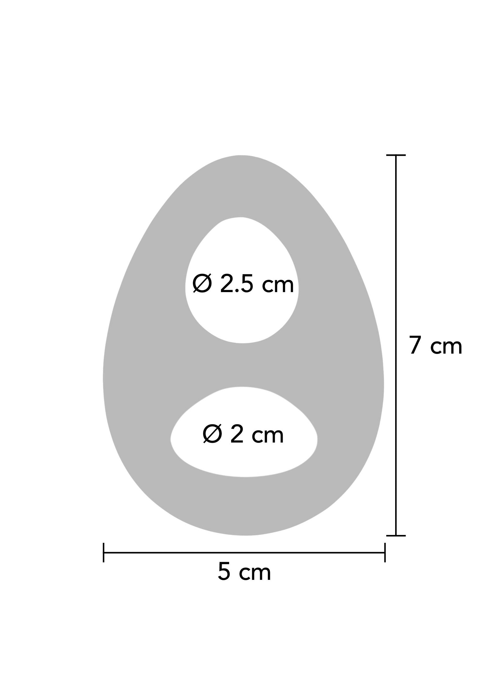 Oeuf percé avec dimensions indiquées. Idéal pour projets de bricolage et décoration. 7cm de haut, 5cm de large.; Ei met afmetingen. Perfect voor doe-het-zelf projecten en decoratie. 7cm hoog, 5cm breed.; Egg shape with dimensions. Ideal for DIY projects and decoration. 7cm height, 5cm width.