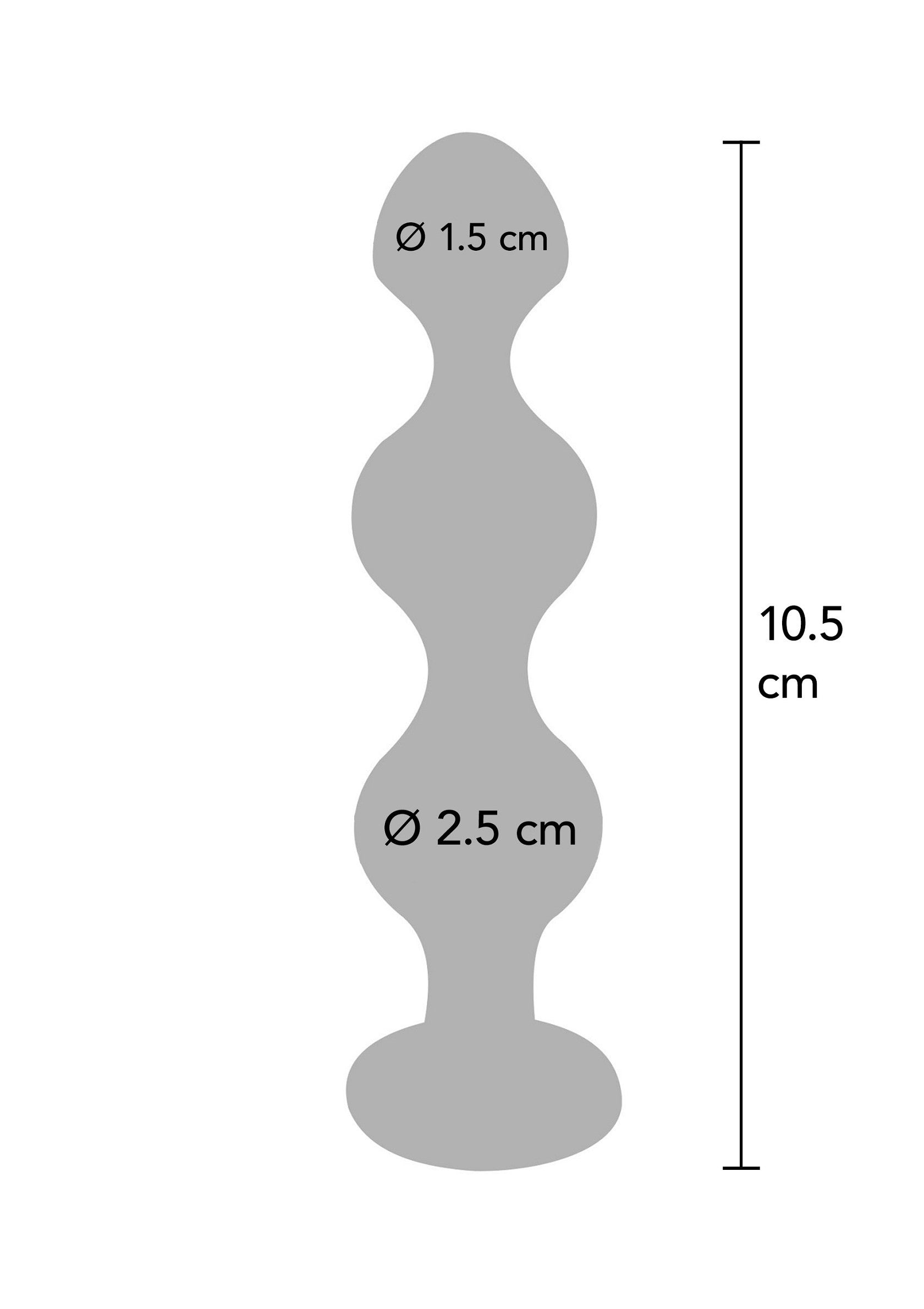 Plug anal à 3 billes gris avec dimensions. Longueur totale : 10,5 cm. Diamètre : 1,5 cm à 2,5 cm.; Grijze buttplug met 3 ballen en afmetingen. Totale lengte: 10,5 cm. Diameter: 1,5 cm tot 2,5 cm.; Gray 3-beaded butt plug with dimensions. Total length: 10.5 cm. Diameter: 1.5 cm to 2.5 cm.