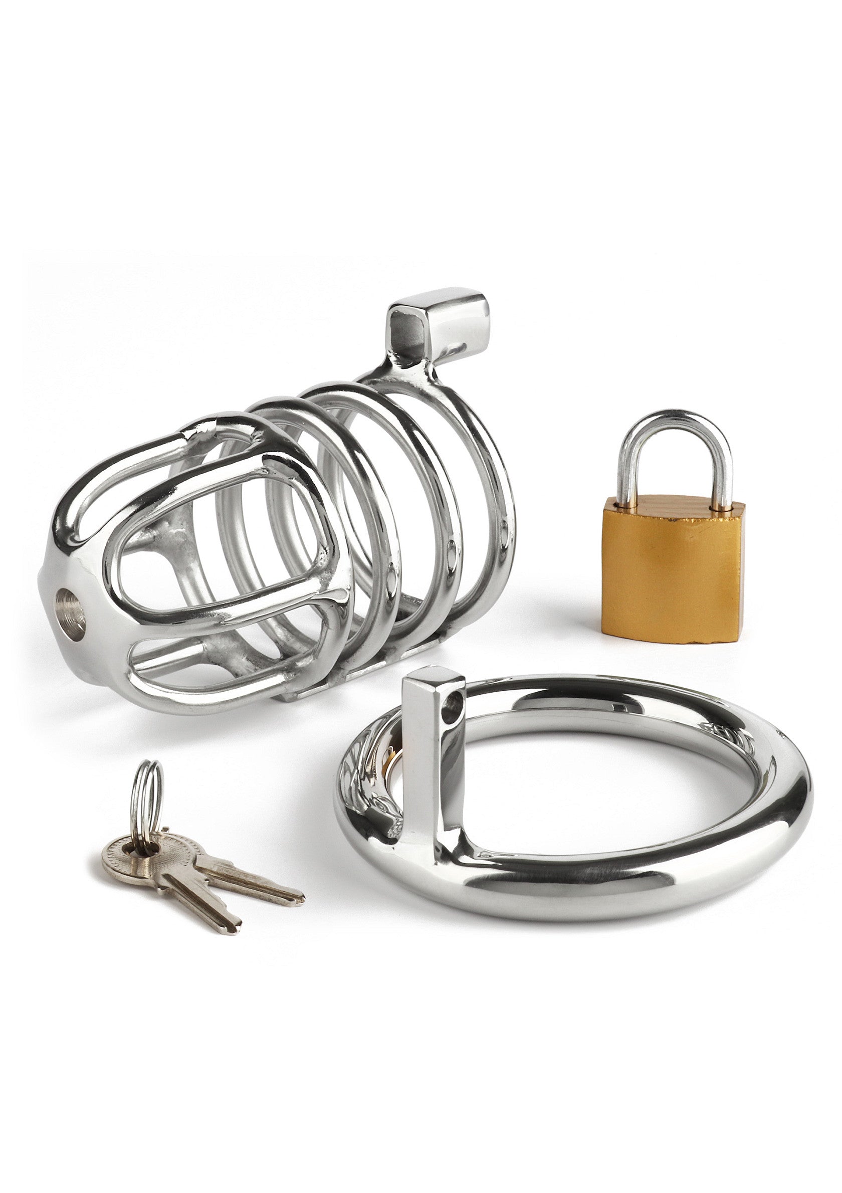 Cage de chasteté en métal avec cadenas et clés. Accessoires BDSM pour le contrôle de la sexualité.; Metalen kuisheidskooi met slot en sleutels. BDSM-accessoires voor seksuele controle.; Metal chastity cage with padlock and keys. BDSM accessories for sexual control.