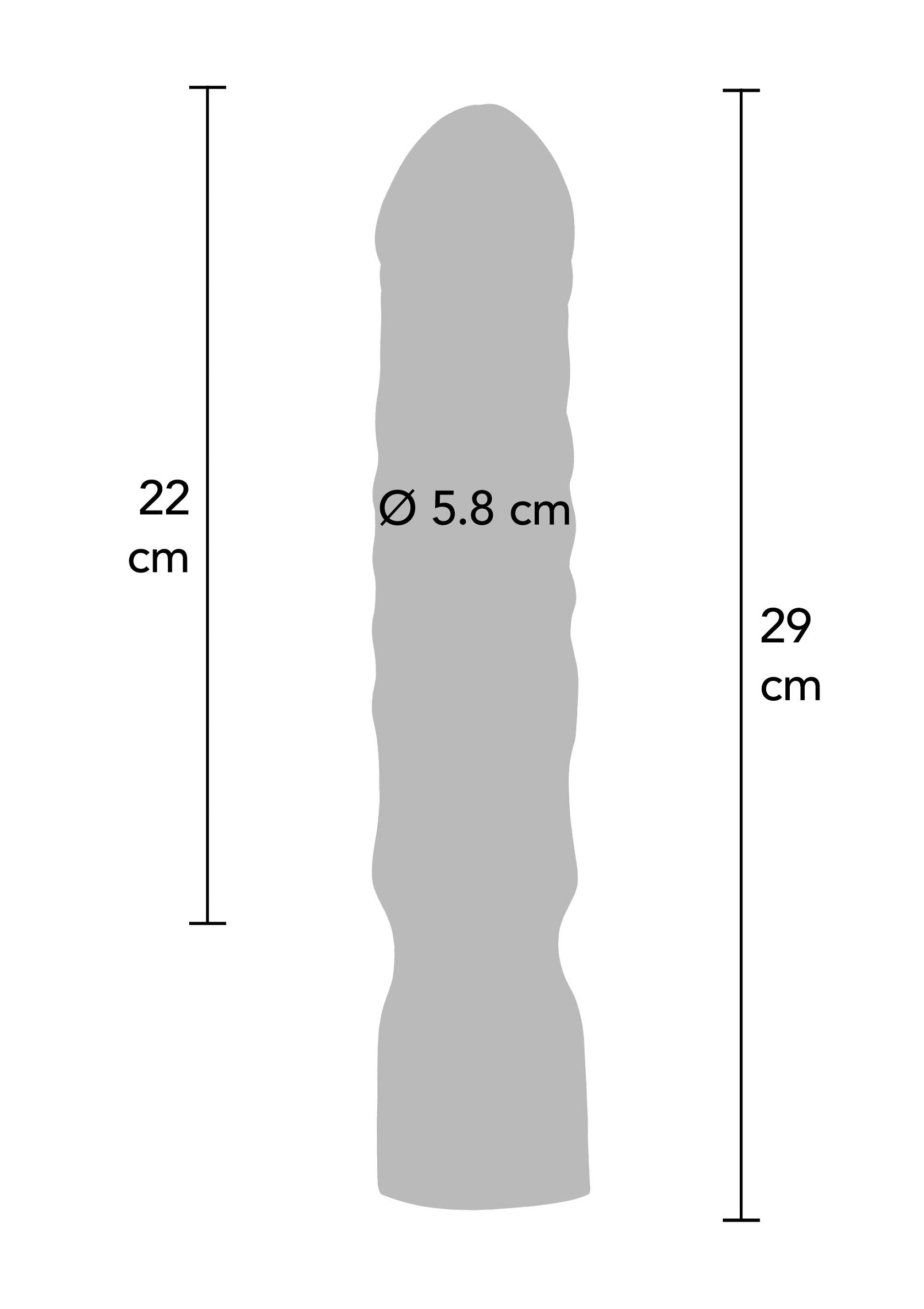 Diagramme d'un gode texturé gris avec dimensions : 22 cm, 29 cm de hauteur et 5,8 cm de diamètre.; Diagram van een grijze, getextureerde dildo met afmetingen: 22 cm, 29 cm hoog en 5,8 cm diameter.; Diagram of a gray textured dildo with dimensions: 22 cm, 29 cm in height and 5.8 cm in diameter.