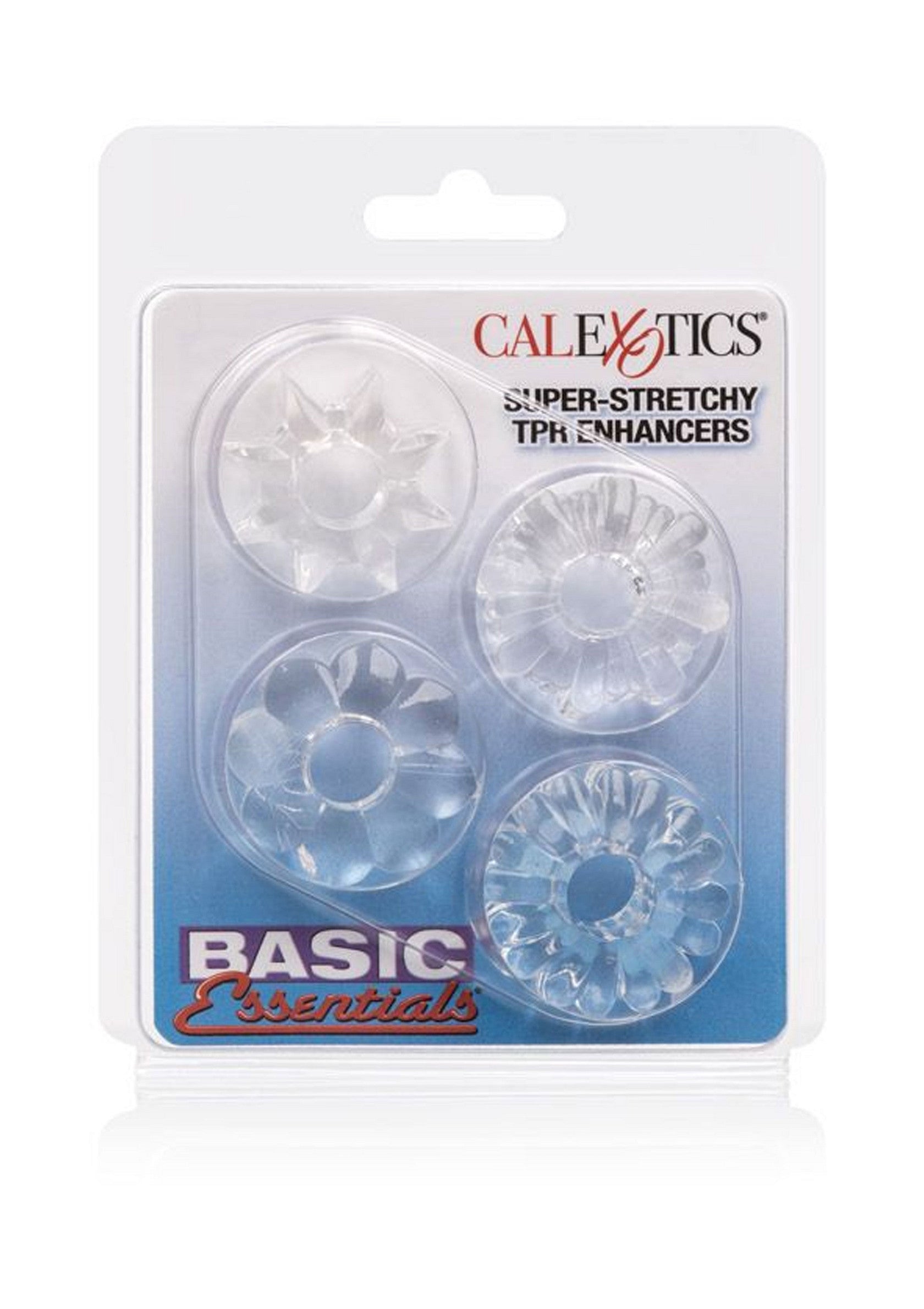 CalExotics Super-Stretchy TPE Enhancers : Anneaux péniens extensibles pour plus de plaisir et de sensations.; CalExotics Super-Stretchy TPE Enhancers: Rekbare penisringen voor meer plezier en sensaties.; CalExotics Super-Stretchy TPE Enhancers: Stretchy penis rings for enhanced pleasure and sensations.