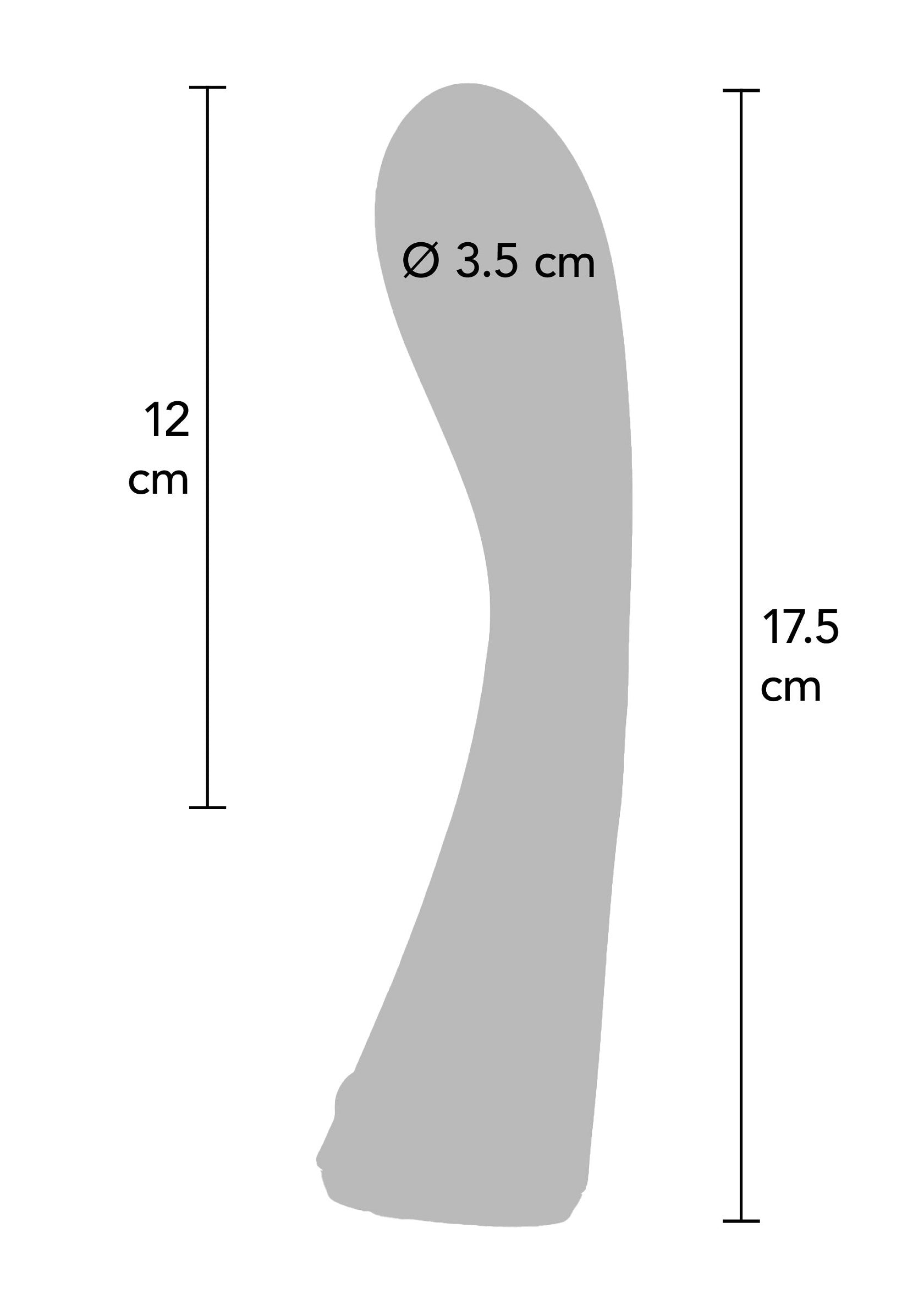 Schéma des dimensions du produit. Longueur totale : 17,5 cm, hauteur de la tête : 12 cm, diamètre de la tête : 3,5 cm.; Productafmetingen schematisch weergegeven. Totale lengte 17,5 cm, kophoogte 12 cm, kopdiameter 3,5 cm.; Product dimensions diagram. Total length 17.5cm, head height 12cm, head diameter 3.5cm.