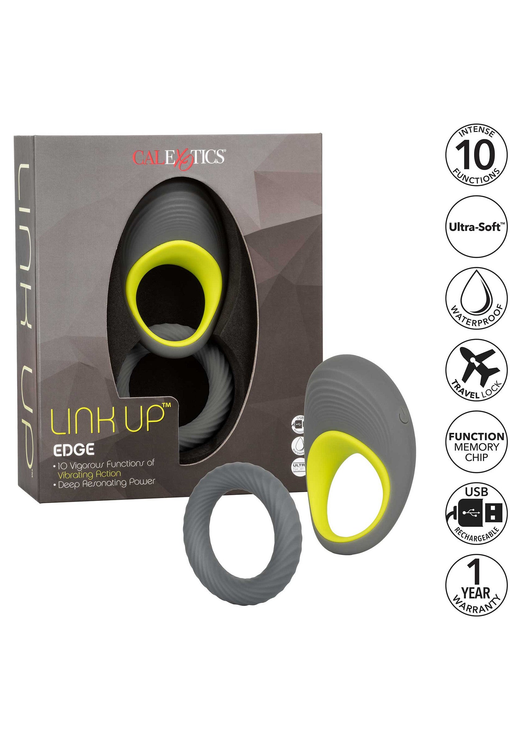 CalExotics Link Up Edge : anneau vibrant pour pénis, 10 fonctions, rechargeable USB, étanche et avec garantie 1 an.; CalExotics Link Up Edge: vibrerende penisring, 10 functies, USB oplaadbaar, waterdicht en 1 jaar garantie.; CalExotics Link Up Edge: vibrating penis ring, 10 functions, USB rechargeable, waterproof and 1 year warranty.