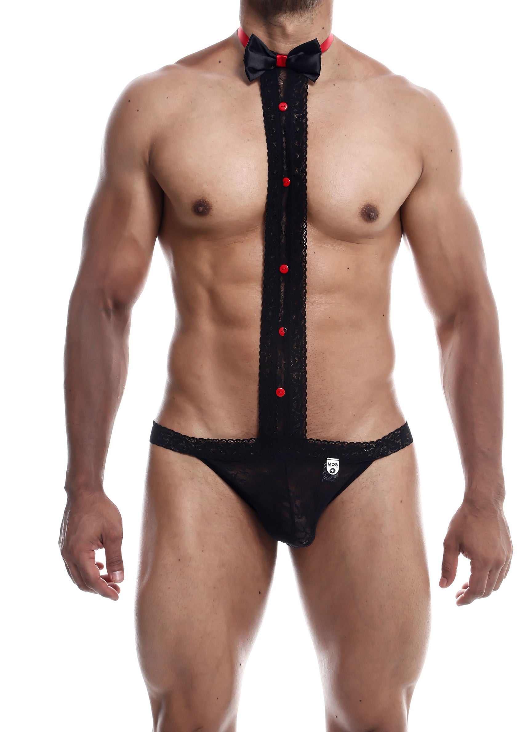 Nouveauté torride ! String de smoking pour homme, dentelle noire, nœud papillon rouge. Tenue sexy, audacieuse et ludique.; Spannende nieuwigheid! Heren smoking string, zwart kant, rode vlinderdas. Sexy, gedurfde en speelse outfit.; Racy novelty! Men's tuxedo g-string, black lace, red bow tie. Sexy, daring, and playful outfit.