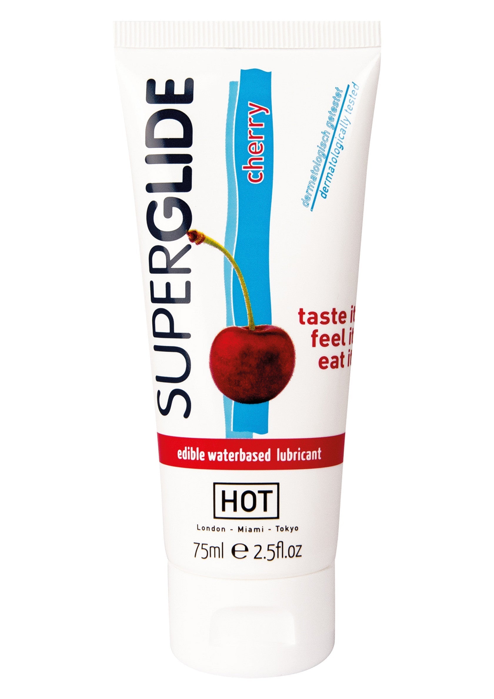 Superglide Cherry, lubrifiant comestible à base d'eau pour plus de plaisir. Goûtez, sentez, mangez !; Superglide Cherry, eetbaar glijmiddel op waterbasis voor meer plezier. Proef, voel, eet!; Superglide Cherry, edible water-based lubricant for added pleasure. Taste it, feel it, eat it!
