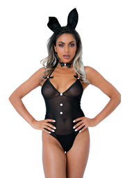 Body lingerie noir avec oreilles de lapin et nœud papillon pour une tenue coquine et amusante.; Zwarte lingerie bodysuit met konijnenoren en vlinderdas voor een speelse en ondeugende outfit.; Black lingerie bodysuit with bunny ears and bowtie for a playful and naughty outfit.
