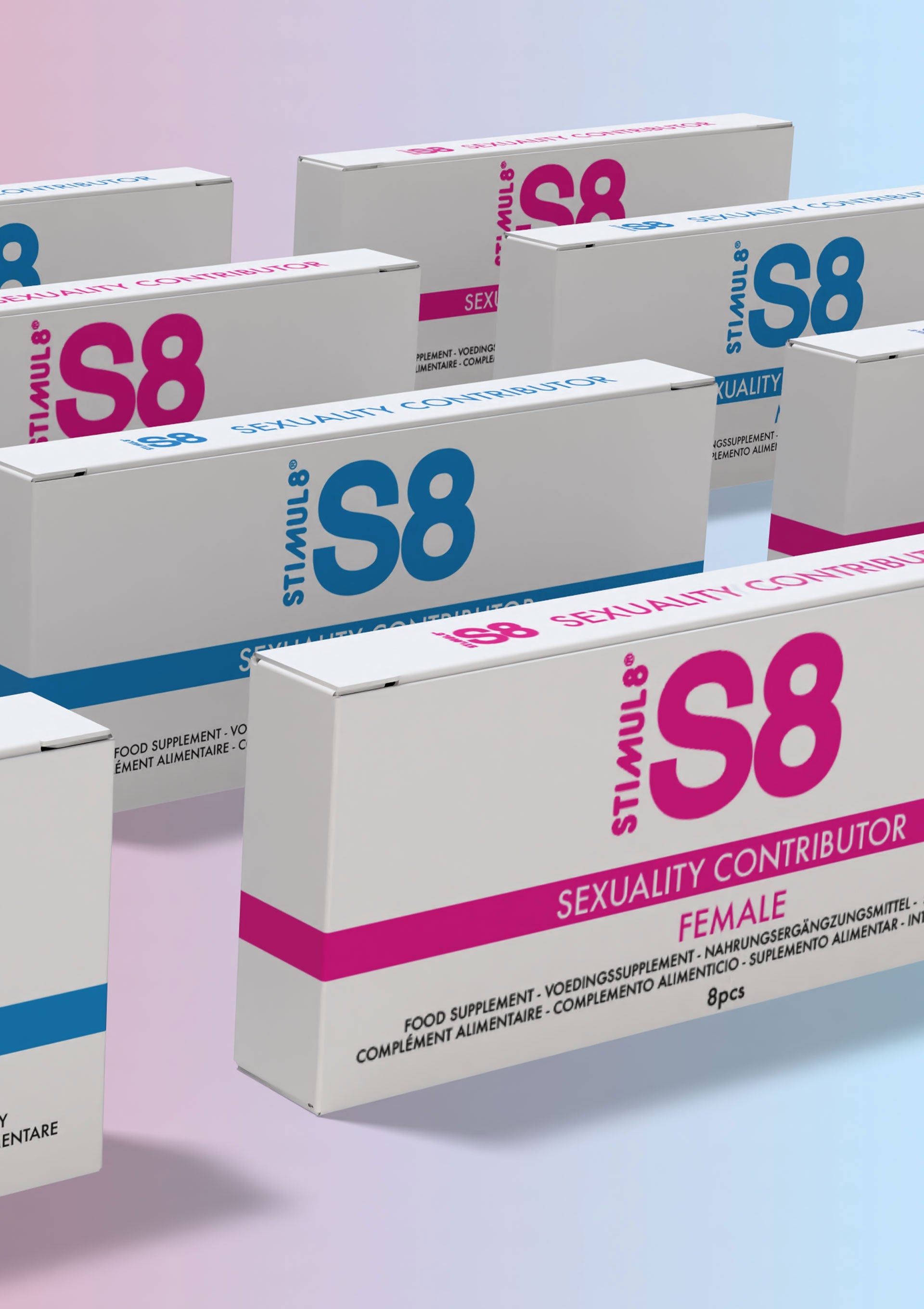 Stimul8 S8, complément alimentaire pour la sexualité féminine et masculine, 8 pièces.; Stimul8 S8, voedingssupplement voor vrouwelijke en mannelijke seksualiteit, 8 stuks.; Stimul8 S8, food supplement for female and male sexuality, 8 pieces.