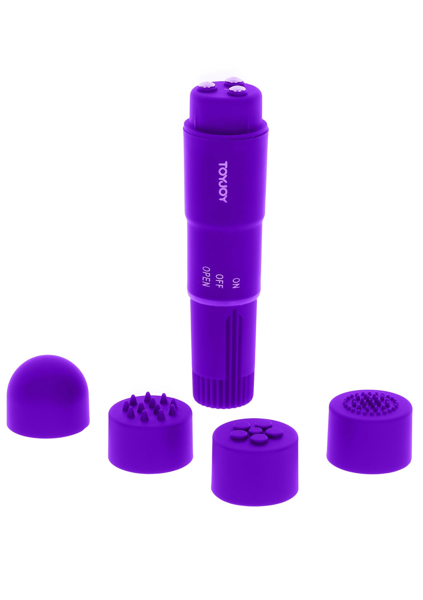 Masseur violet ToyJoy avec embouts interchangeables pour une expérience personnalisée.; Paarse ToyJoy stimulator met verwisselbare opzetstukken voor een persoonlijke ervaring.; Purple ToyJoy massager with interchangeable heads for a personalized experience.