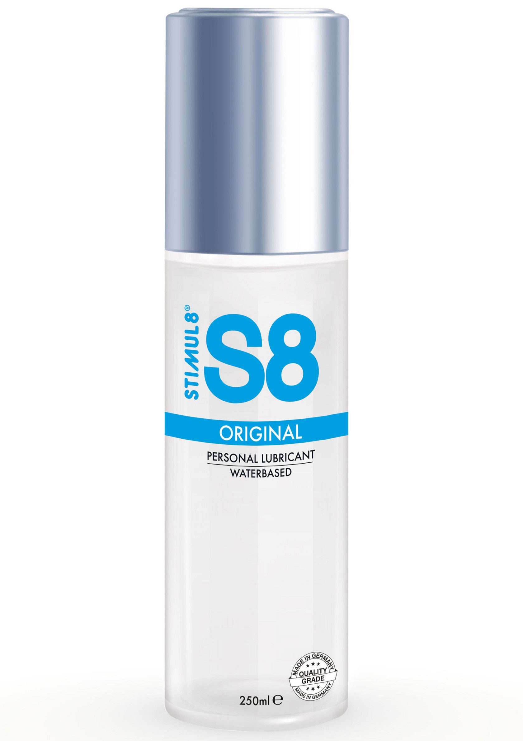 Lubrifiant personnel à base d'eau Stimul8 S8 Original. Augmentez votre plaisir avec ce lubrifiant doux et sûr.; Stimul8 S8 Original glijmiddel op waterbasis. Verhoog uw plezier met dit zachte en veilige glijmiddel.; Stimul8 S8 Original water-based personal lubricant. Enhance your pleasure with this smooth, safe lubricant.